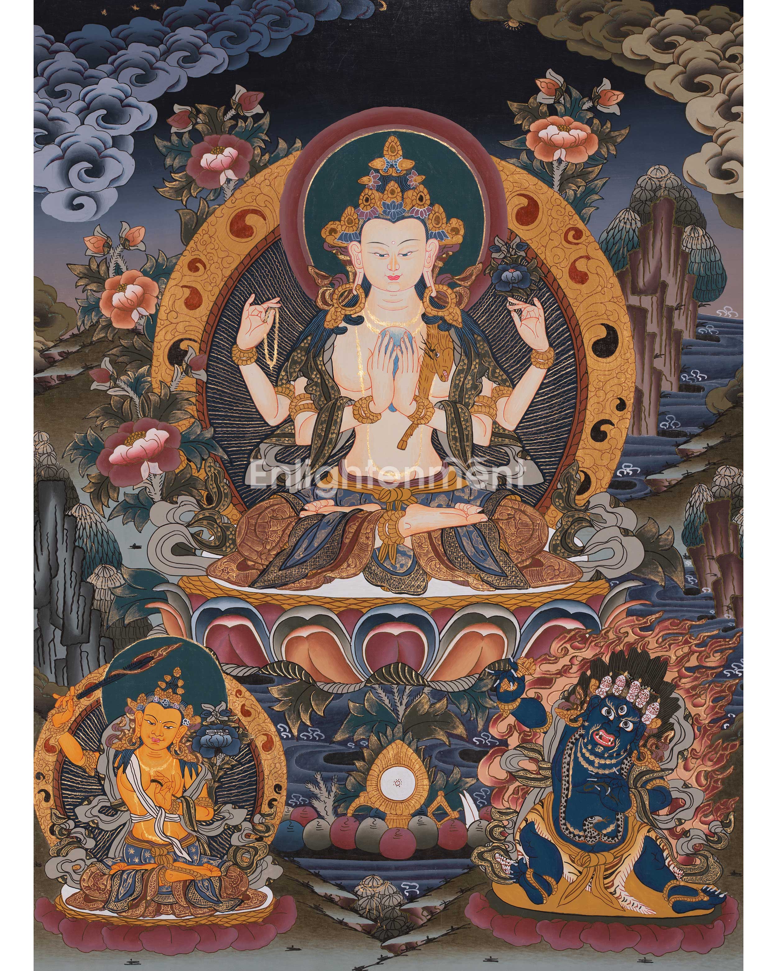 Original Hand-Painted Chenrezig Tibetan Thangka | Avalokiteshvara Painting