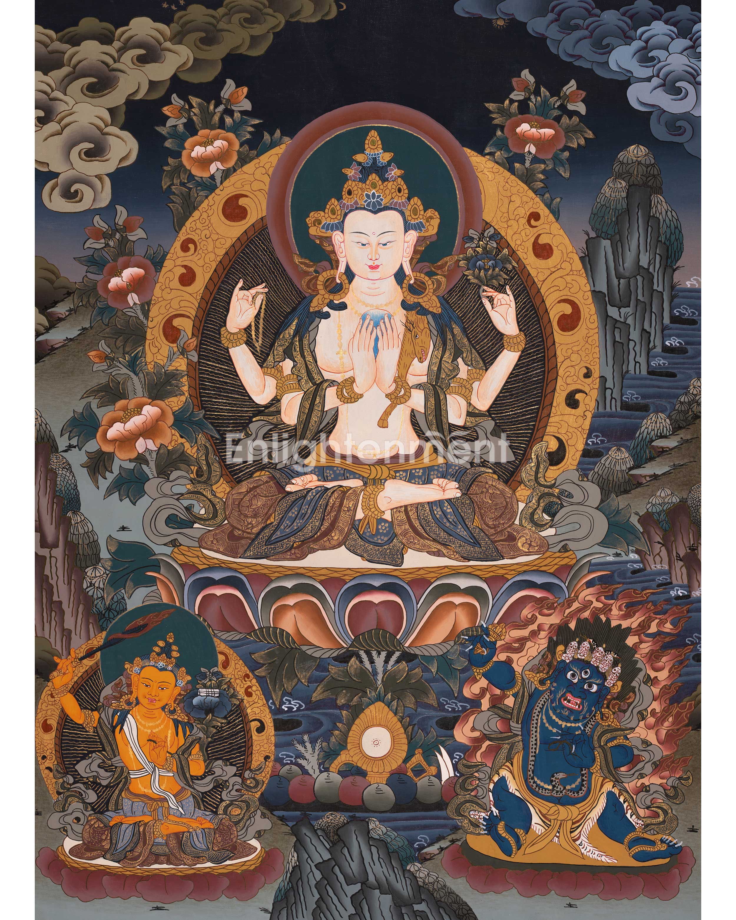 Original Hand-Painted Chenrezig Tibetan Thangka | Avalokiteshvara Painting
