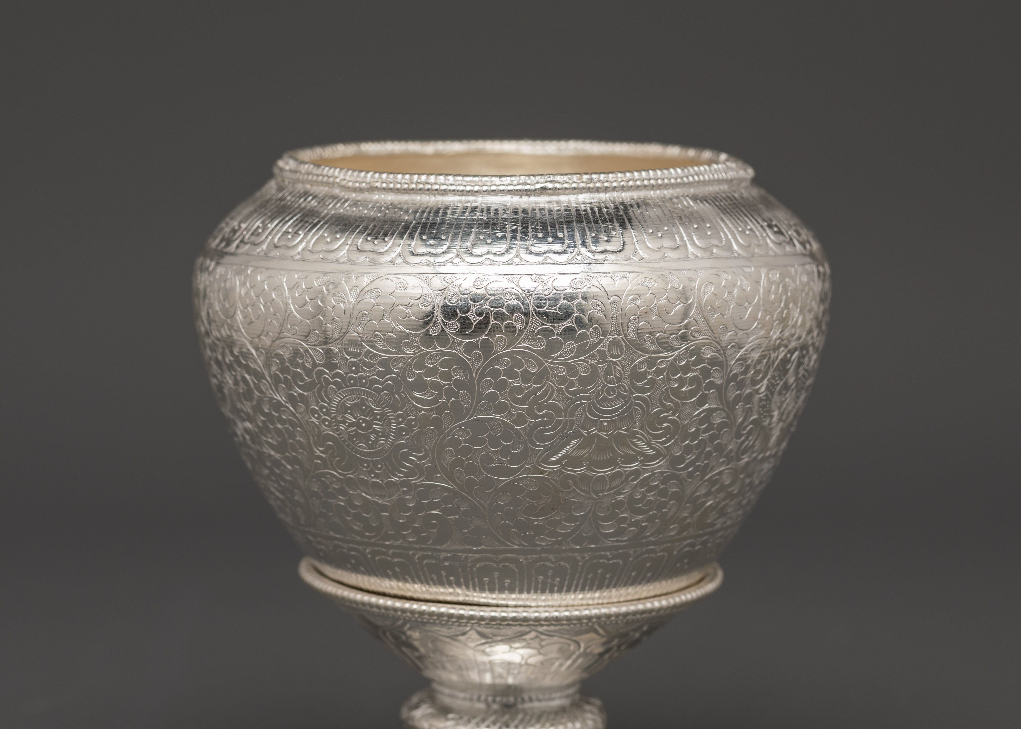 Tibetan Pure Silver Golpa Rice Pot with Stand | Sacred Offering Vessel