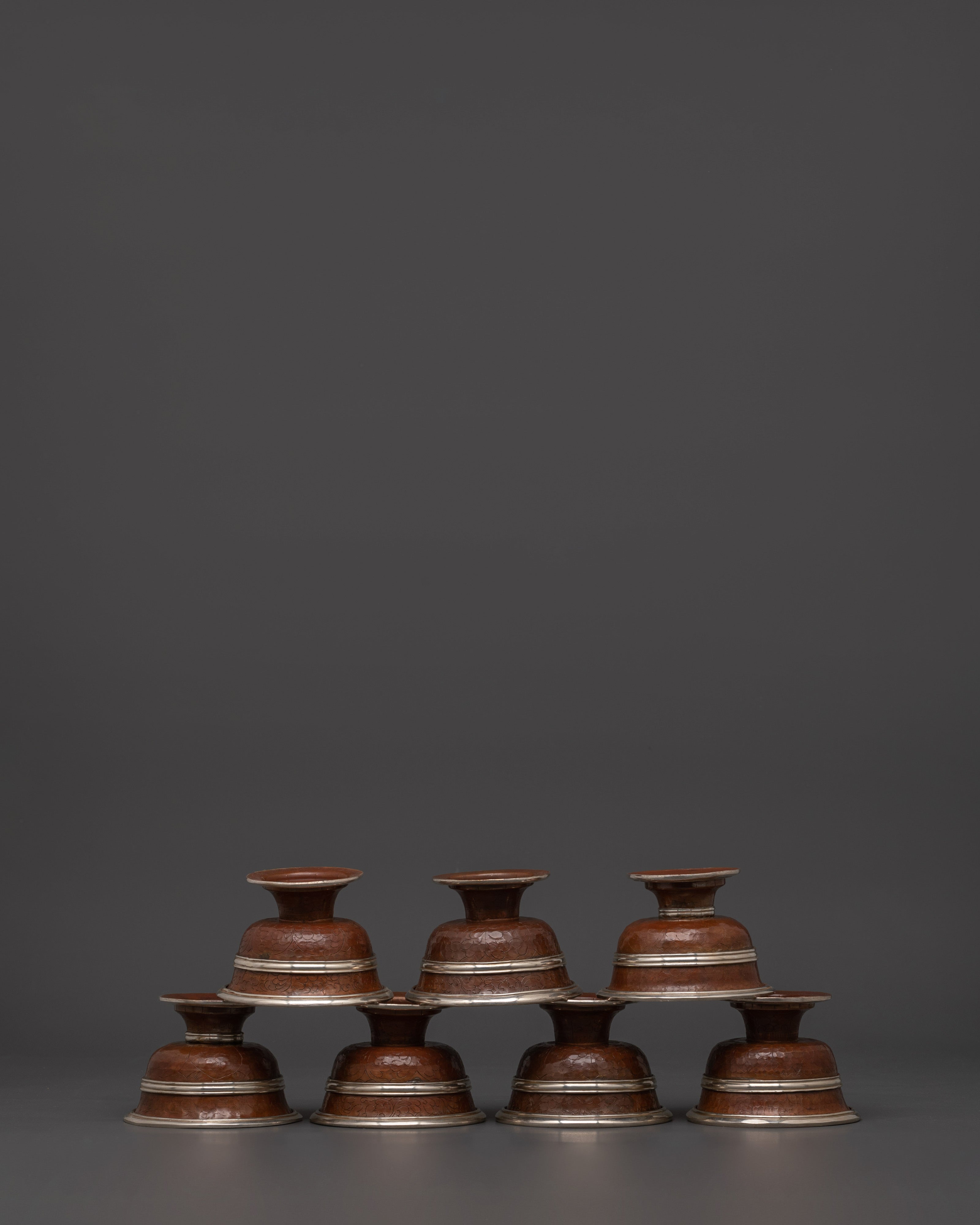 Handcrafted Sacred Tibetan Offering Bowl Set | Oxidized Copper Ritual Bowls