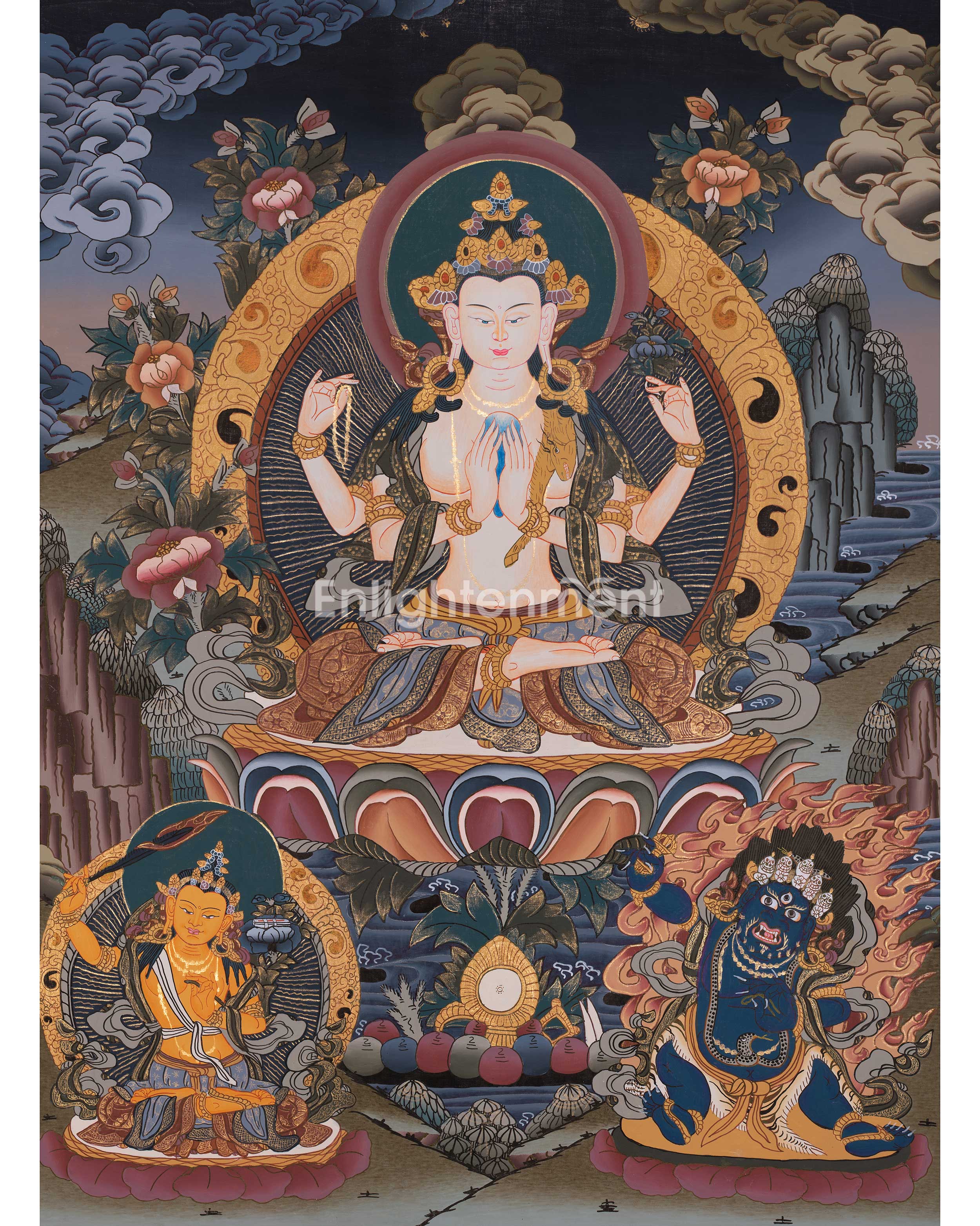 Original Hand-Painted Chenrezig Tibetan Thangka | Avalokiteshvara Painting