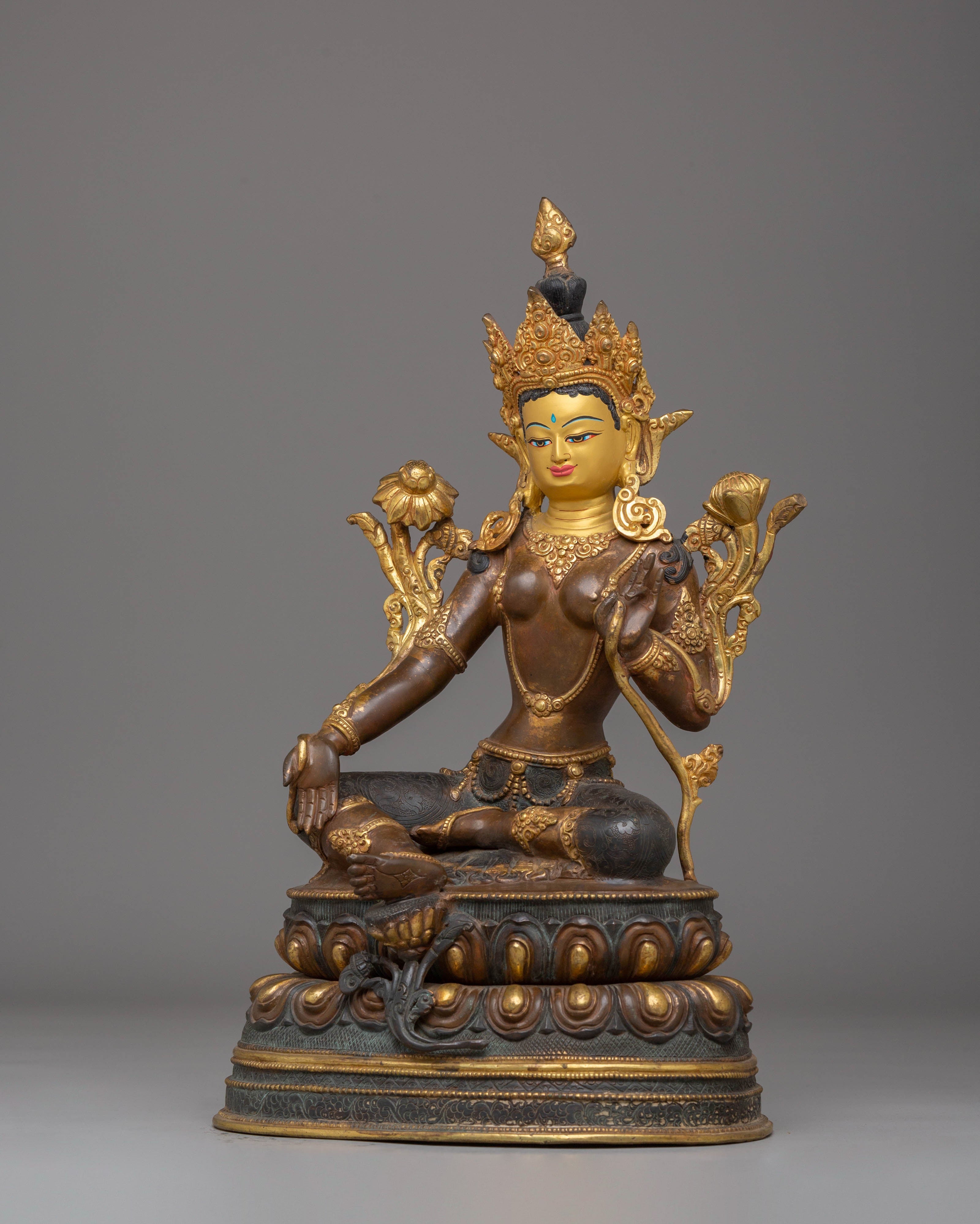 24K Gold Glided Statue of Green Tara | Enlightened Tara