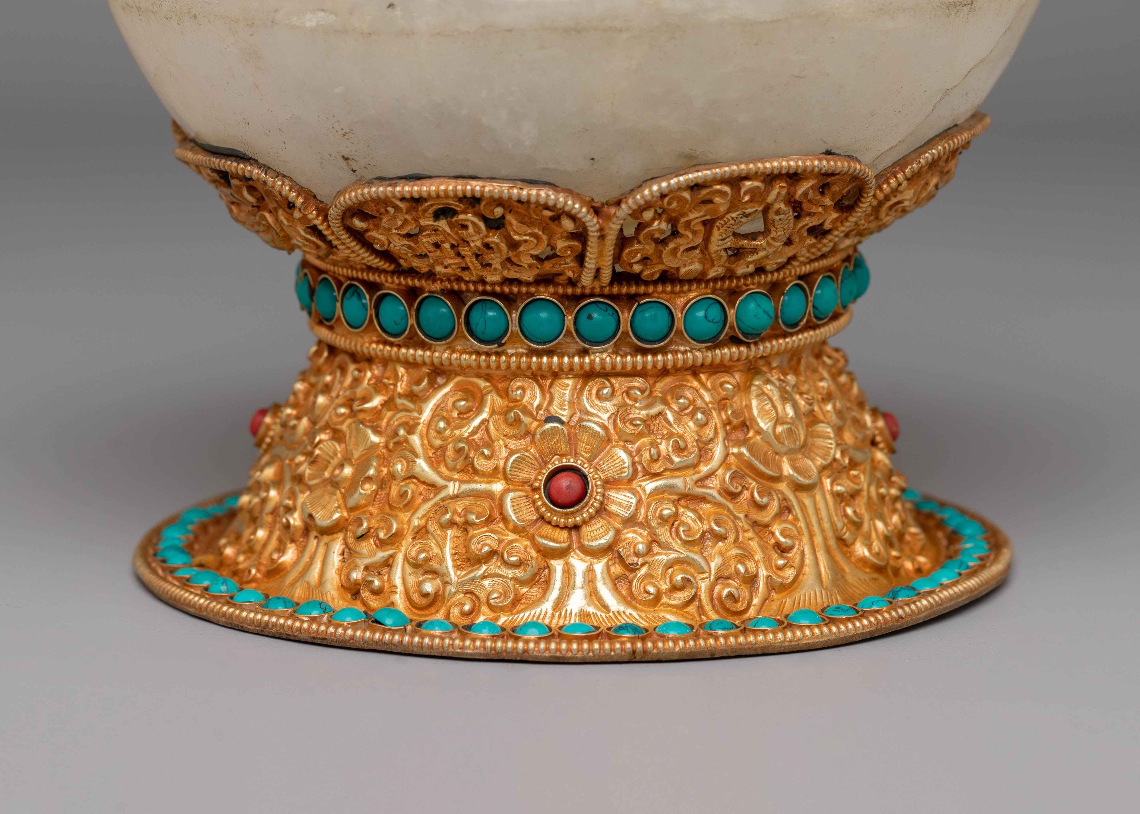 Sacred Tibetan Handcrafted Rice Pot | Electro Gold-Plated with Coral & Turquoise