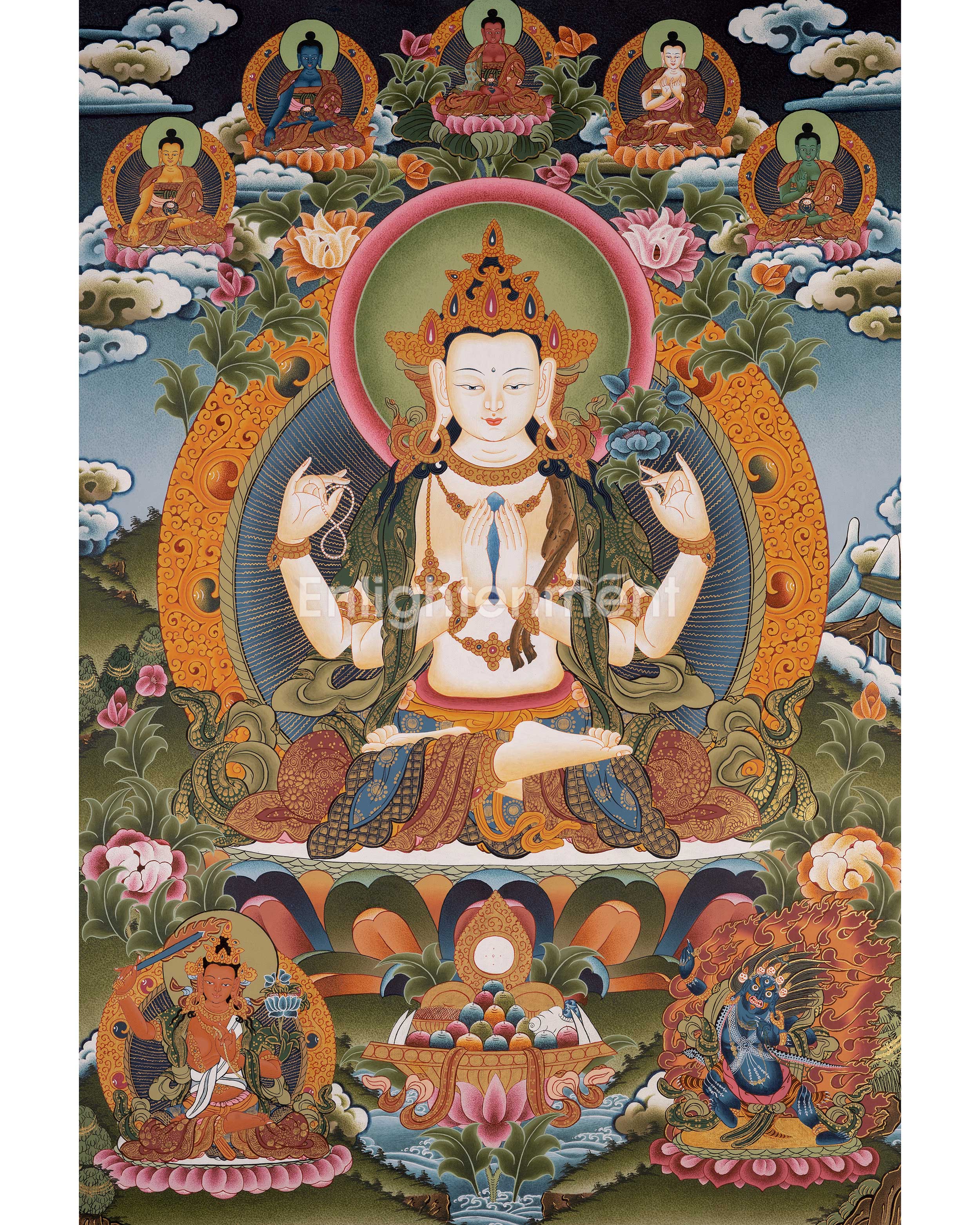 Original Hand-Painted Chenrezig Tibetan Thangka | Avalokiteshvara Painting