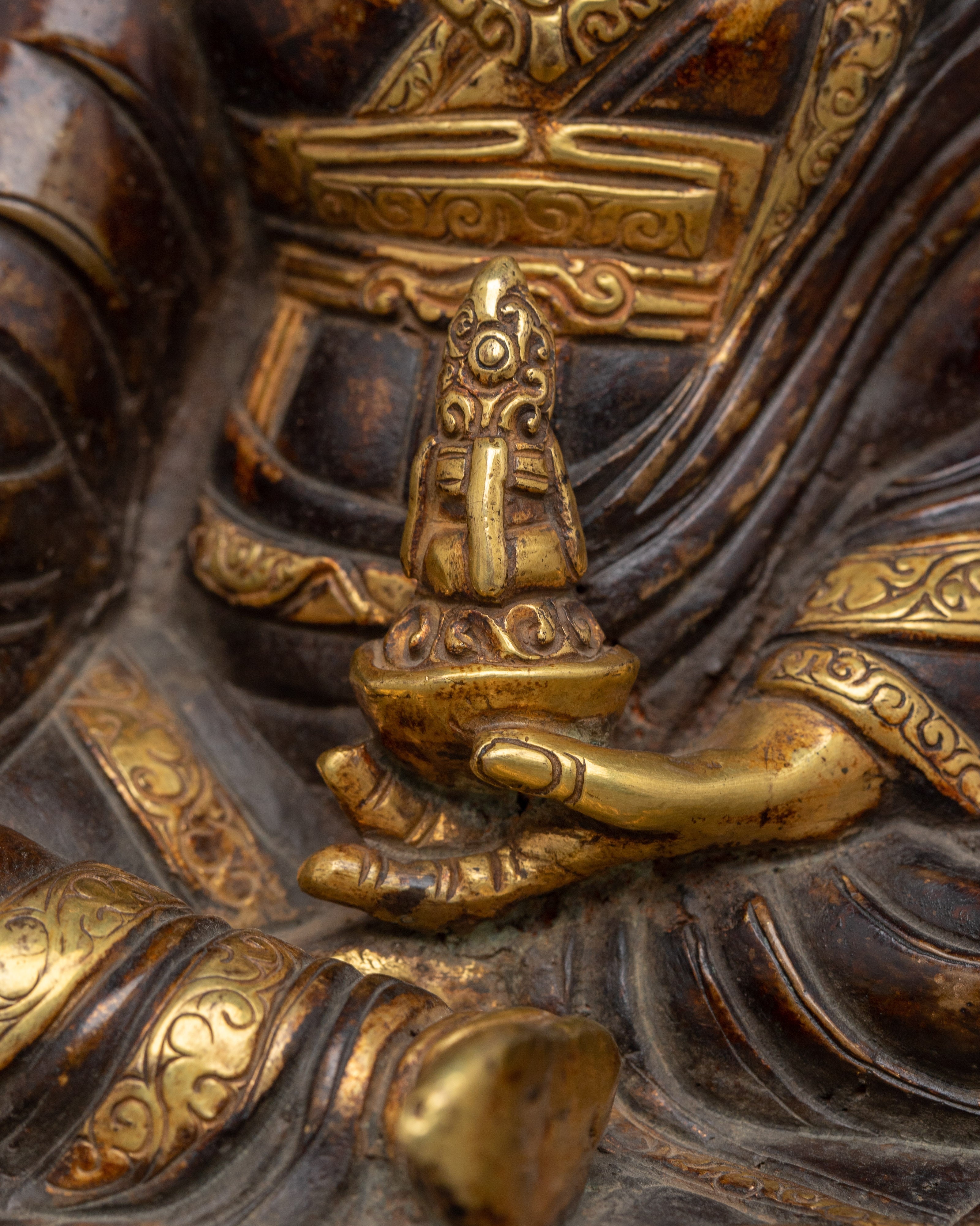 Oxidized Copper Statue of Guru Rinpoche | Gold-Plated Tibetan Spiritual Figure
