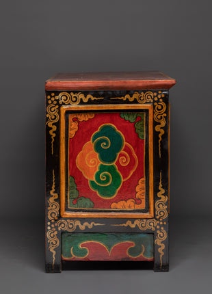 Hand-Carved Tibetan Wooden Cabinet with Door | Sacred Symbols and Artisan Detailing
