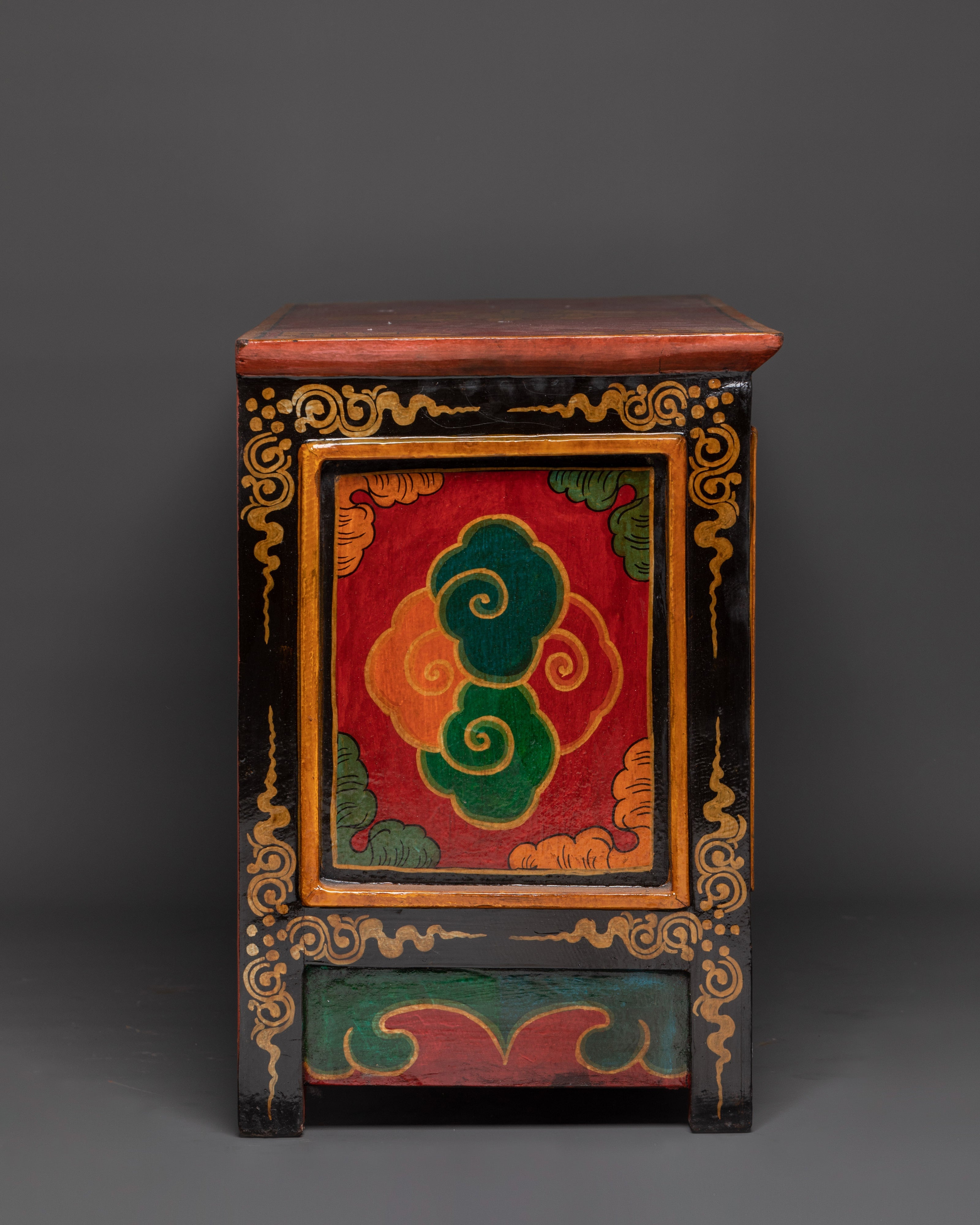 Hand-Carved Tibetan Wooden Cabinet with Door | Sacred Symbols and Artisan Detailing