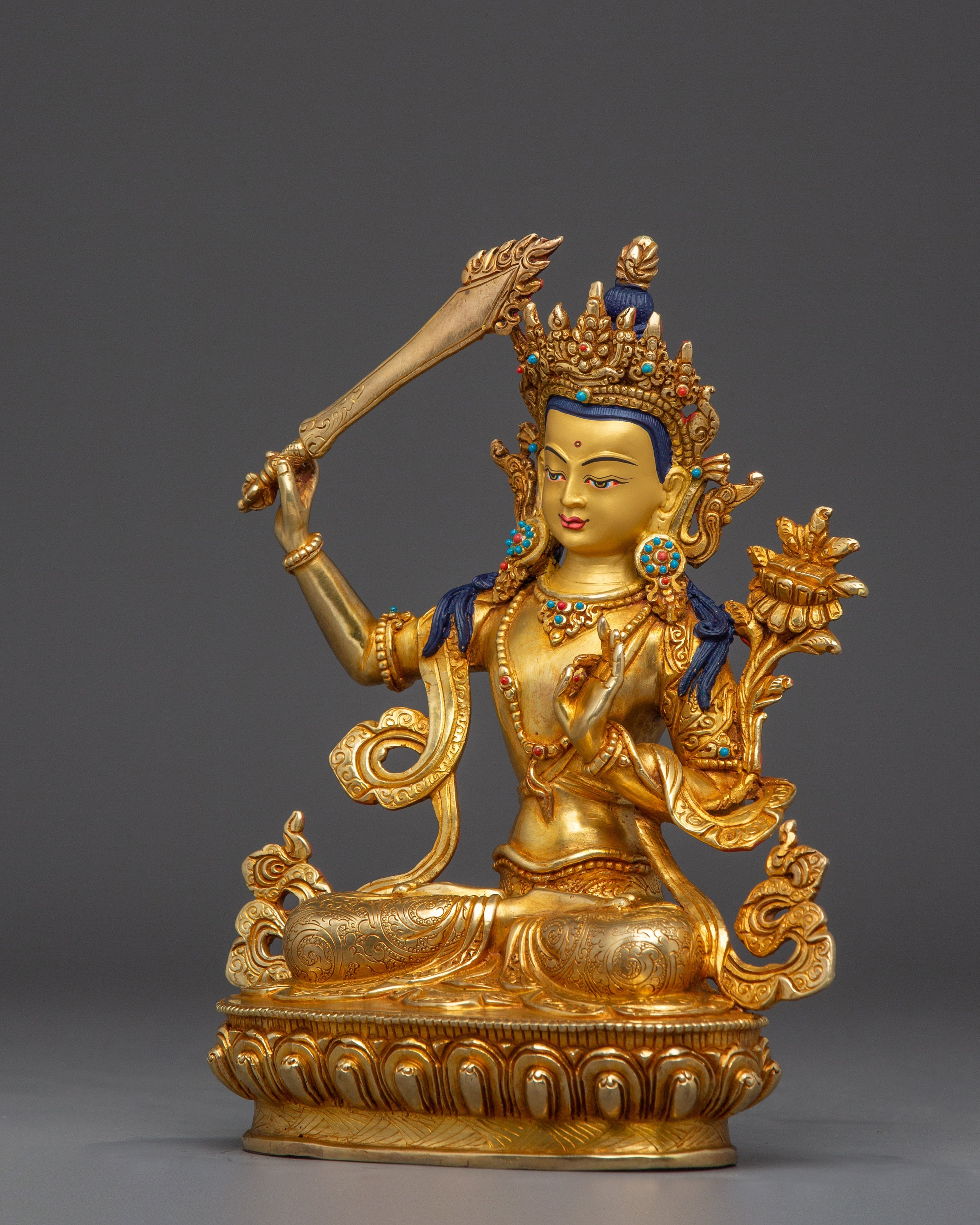 Tibetan Gold Gilded Manjushri Statue | Bodhisattva Deity with Gemstones and Copper Body