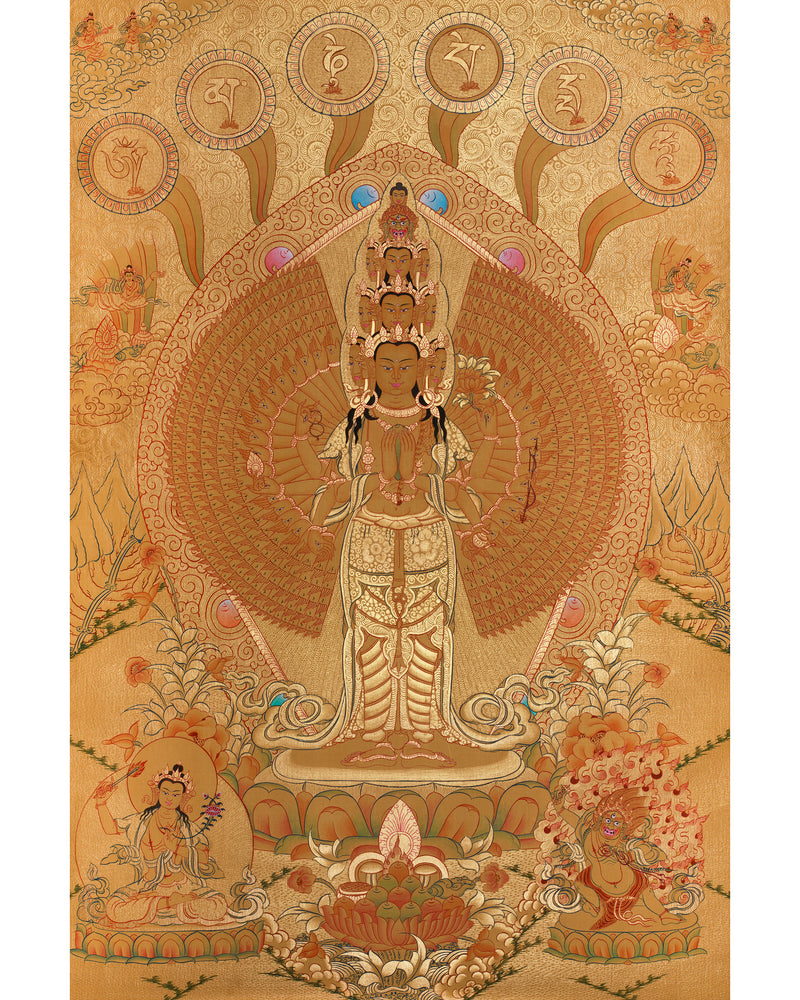 Avalokiteshvara in Gold with Mantra and Deities | Sacred Compassion Art