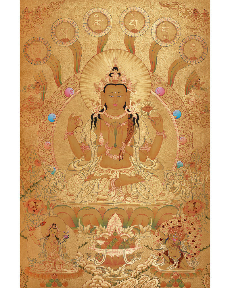 The Divine Grace of Four-Armed Chenrezig | Gold with Compassion Mantra and Deities