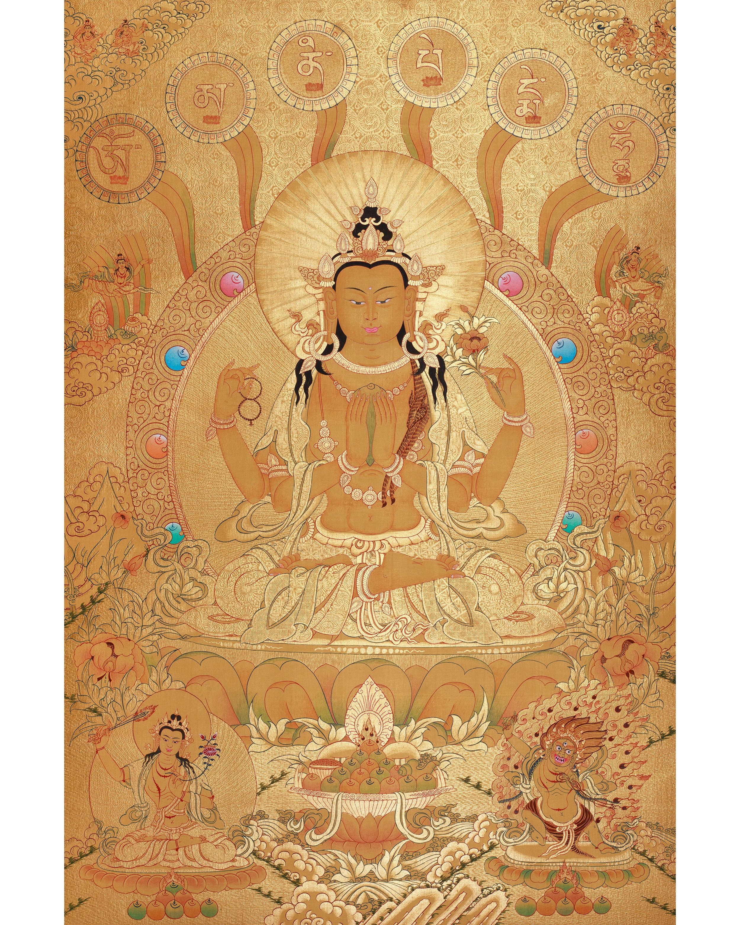 The Divine Grace of Four-Armed Chenrezig | Gold with Compassion Mantra and Deities