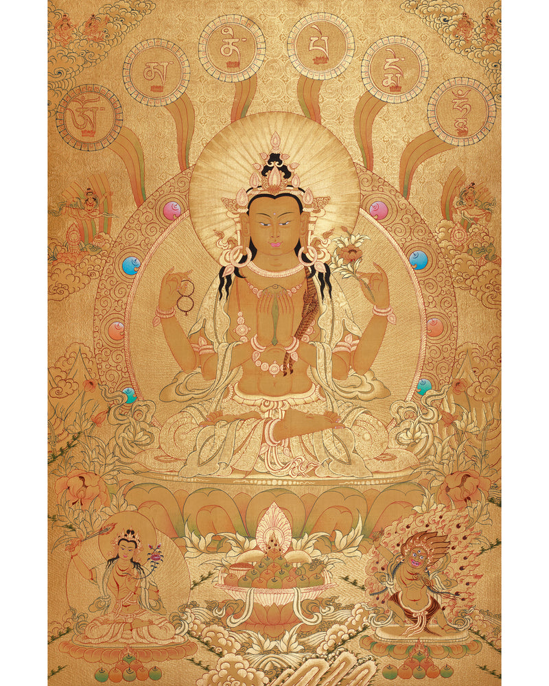 The Divine Grace of Four-Armed Chenrezig | Gold with Compassion Mantra and Deities