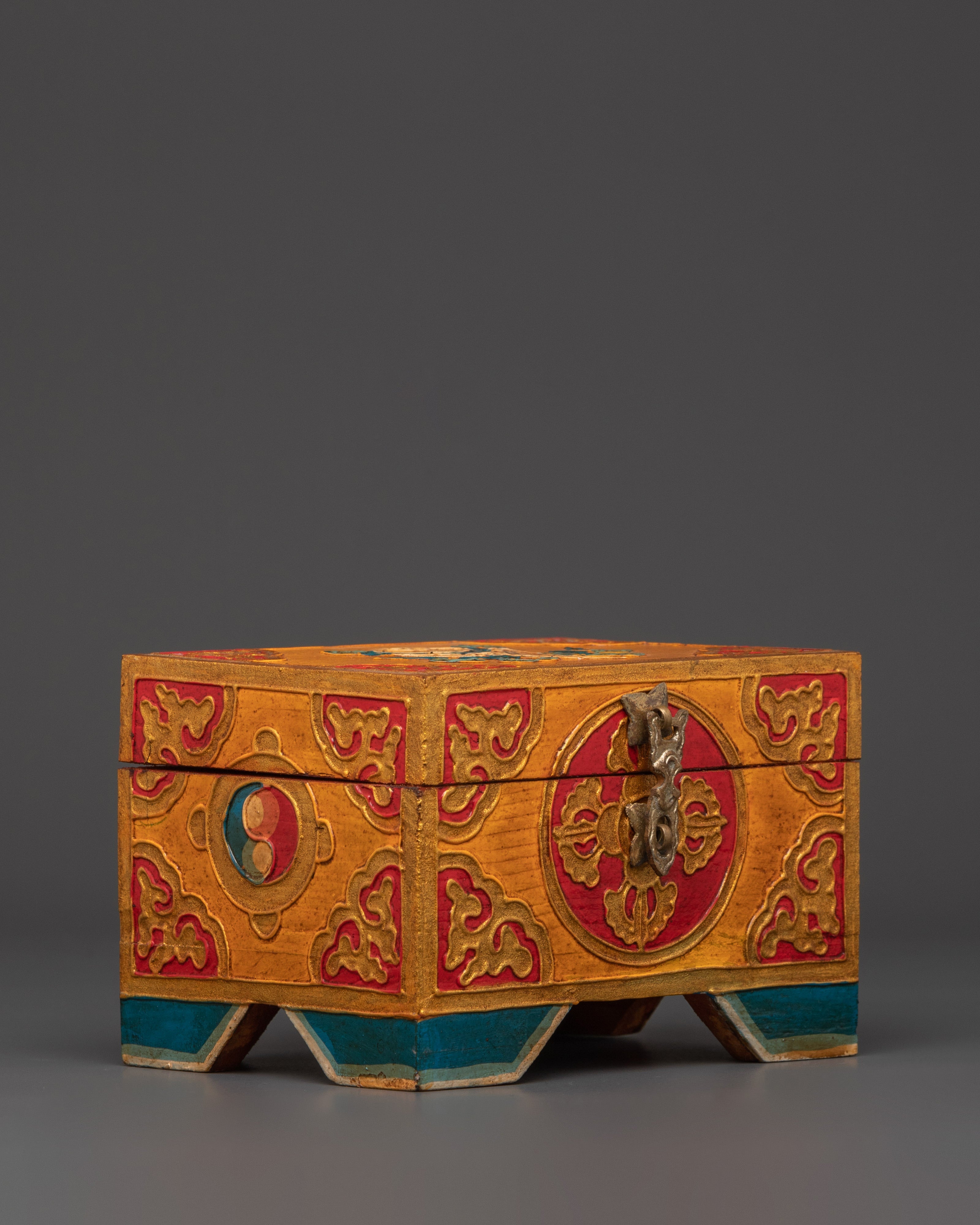 Hand Painted Tibetan Treasure Box | Yellow Red Wood Chest with Cloud Motifs