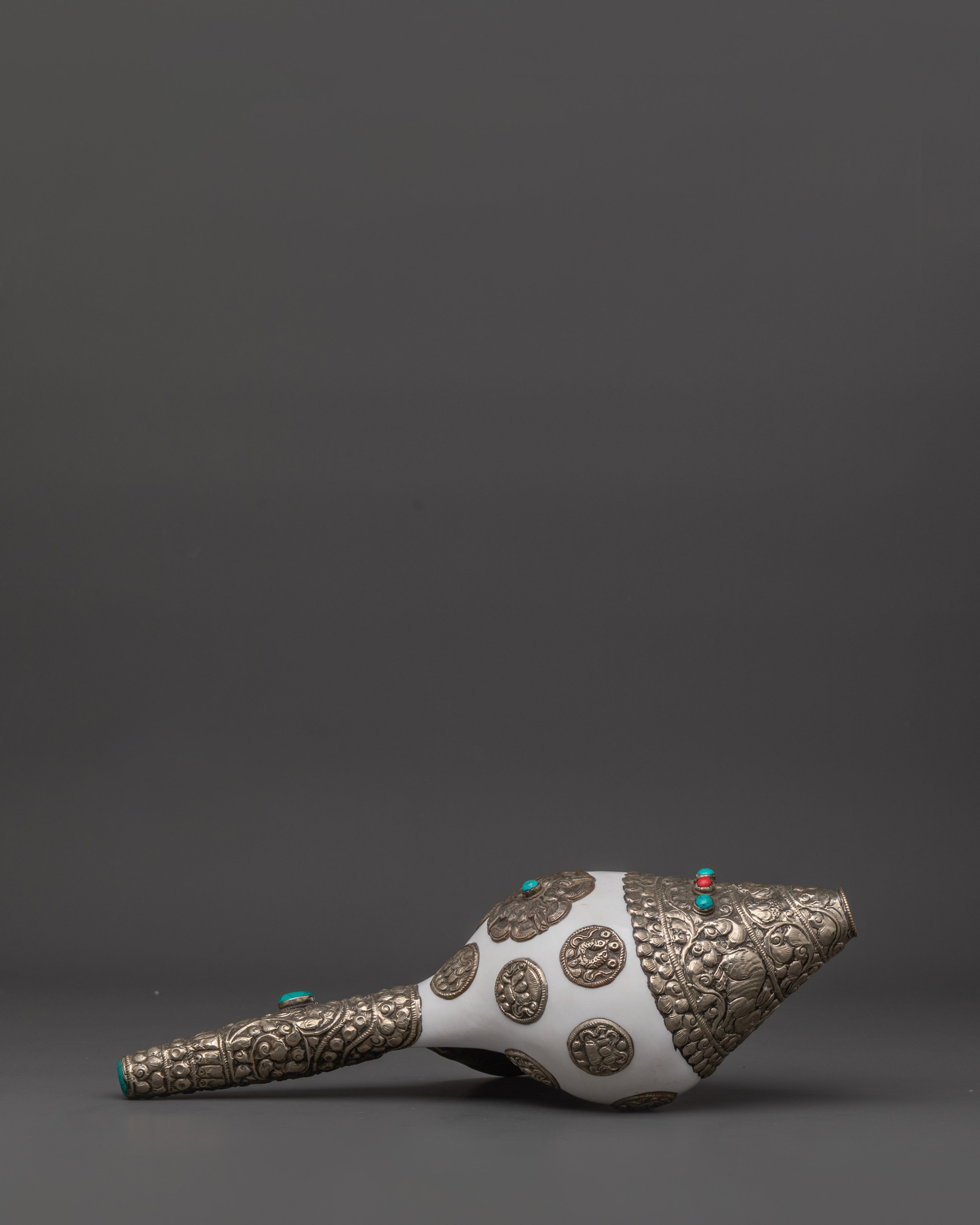 Handcrafted Puja Conch Shell | Tibetan Shankha with Brass and Turquoise Stone