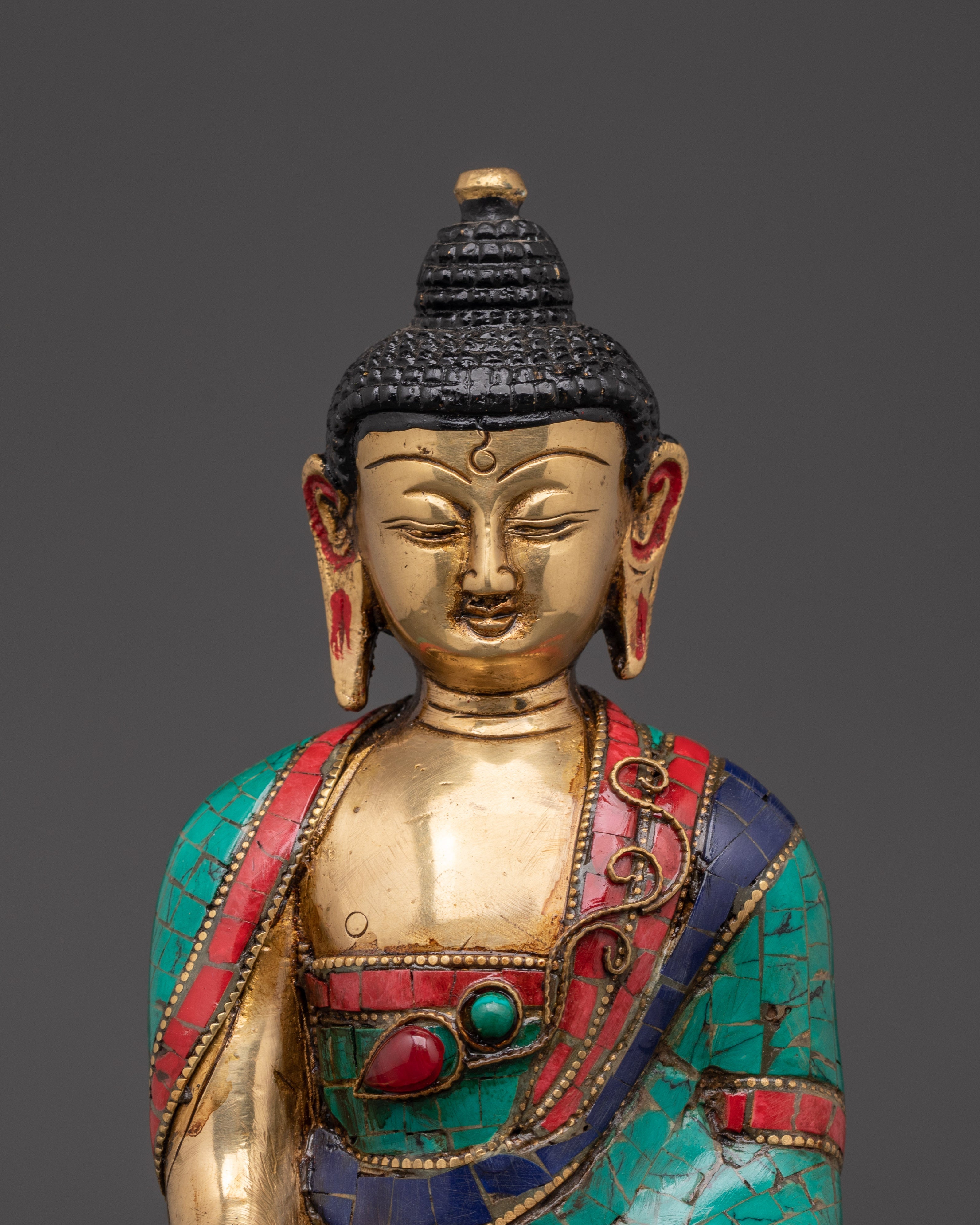Brass Gautama Buddha Statue | Enlightened One in Vibrant Turquoise & Coral
