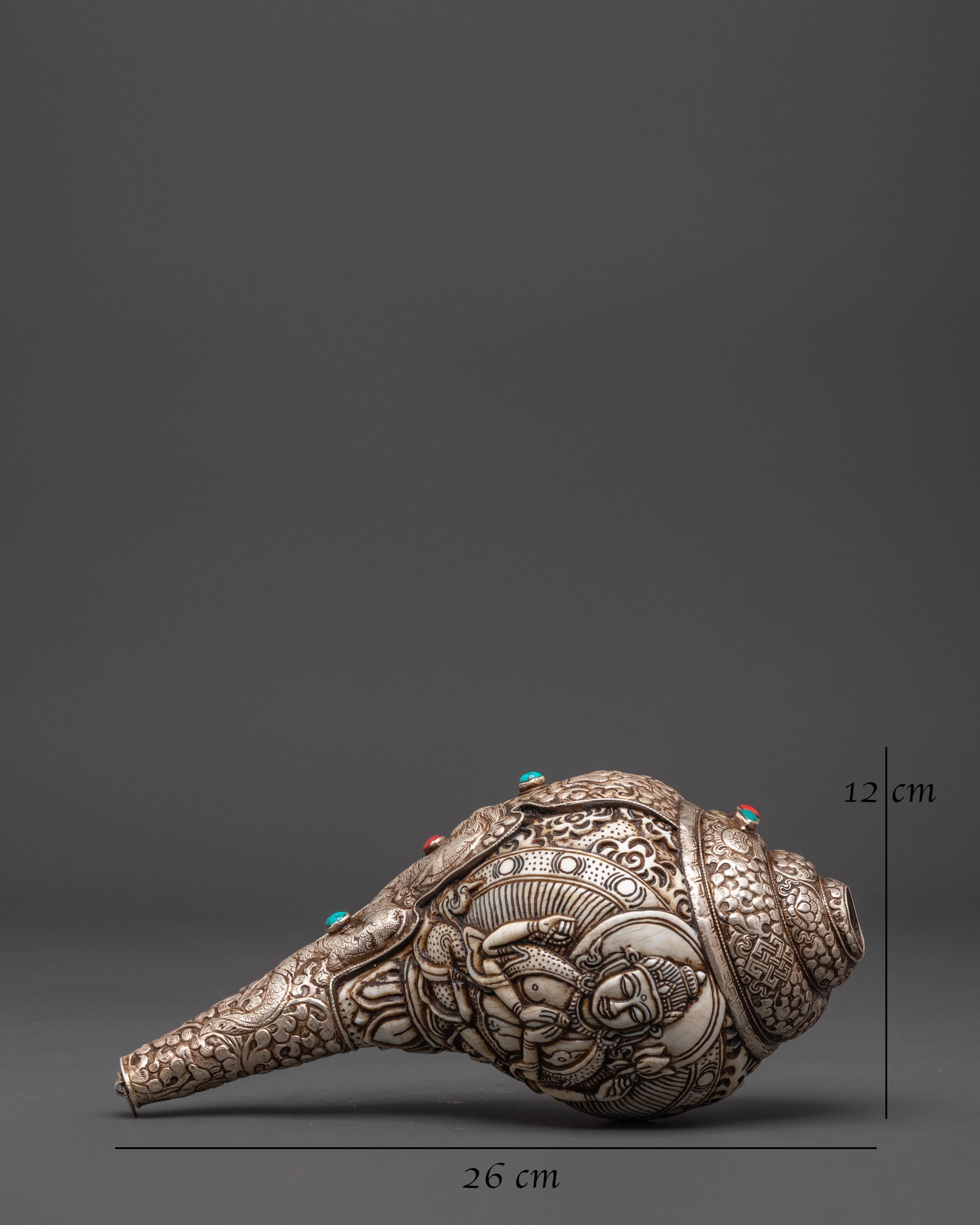 Tibetan Ritual Conch, Sankha for Buddhist Altar | Chenrezig Carved Conch