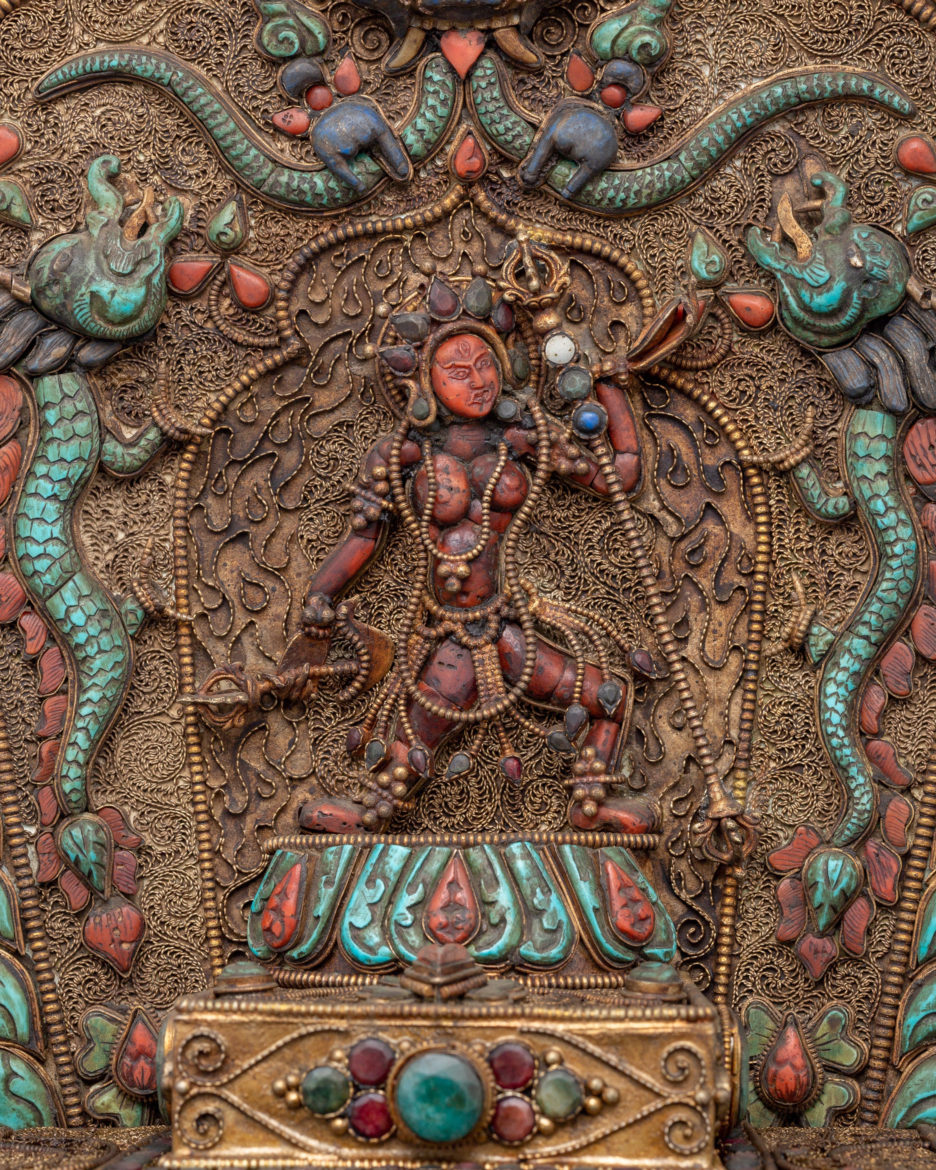 Vajrayogini Engraved Tibetan Throne | Handcrafted Buddhist Shrine Base