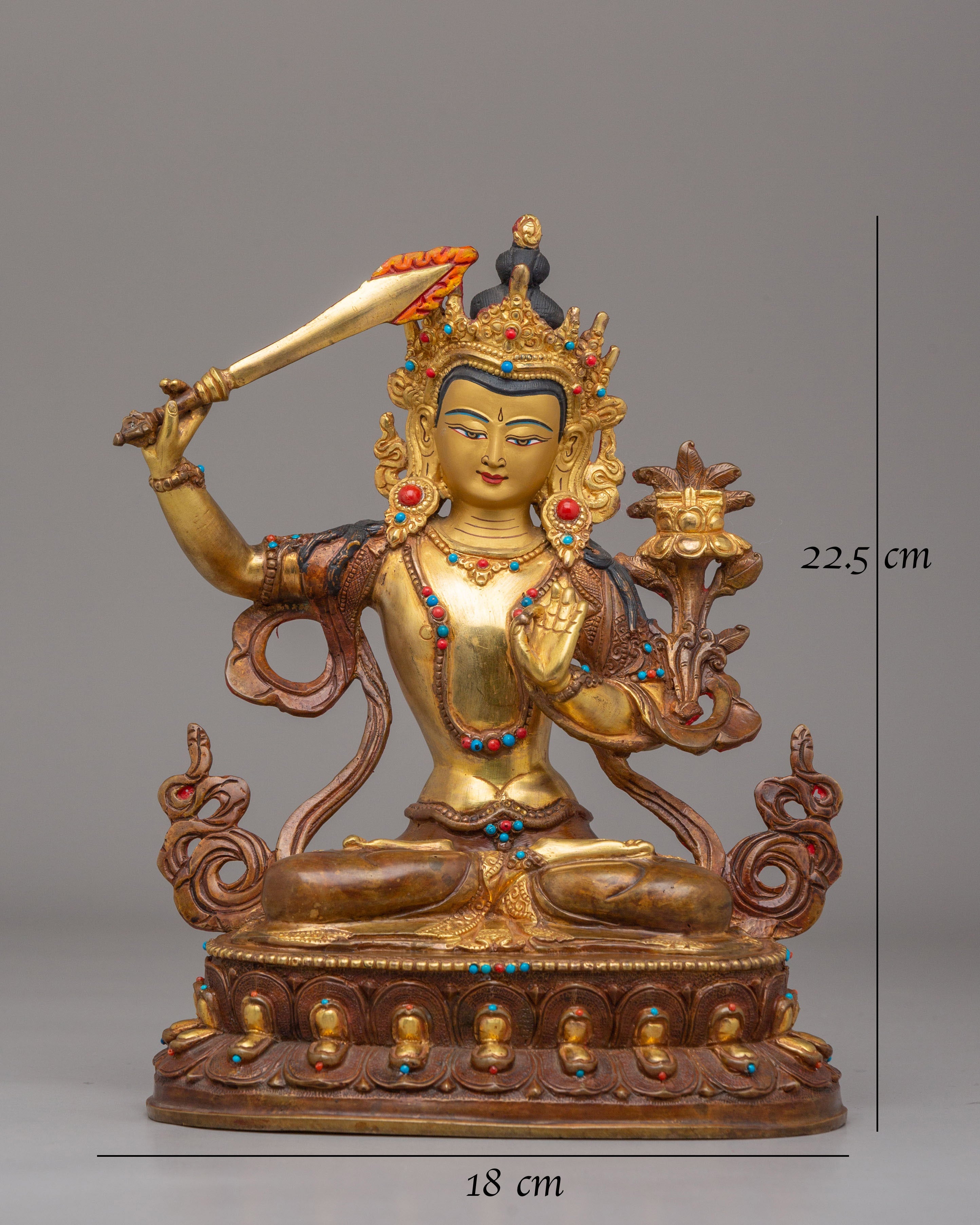 Manjushri Sacred Wisdom Deity Statue | Gold Plated Copper Figurine
