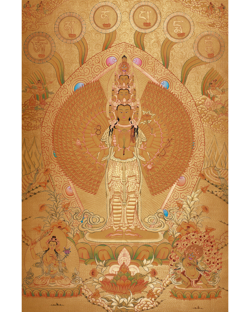 Avalokiteshvara in Gold with Mantra and Deities | Sacred Compassion Art