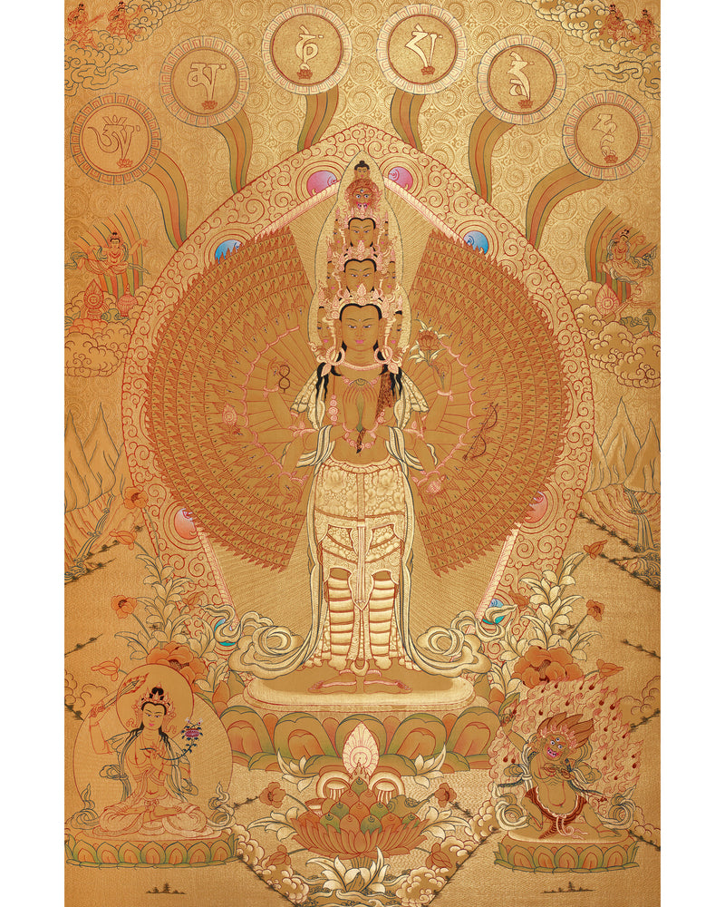 Avalokiteshvara in Gold with Mantra and Deities | Sacred Compassion Art