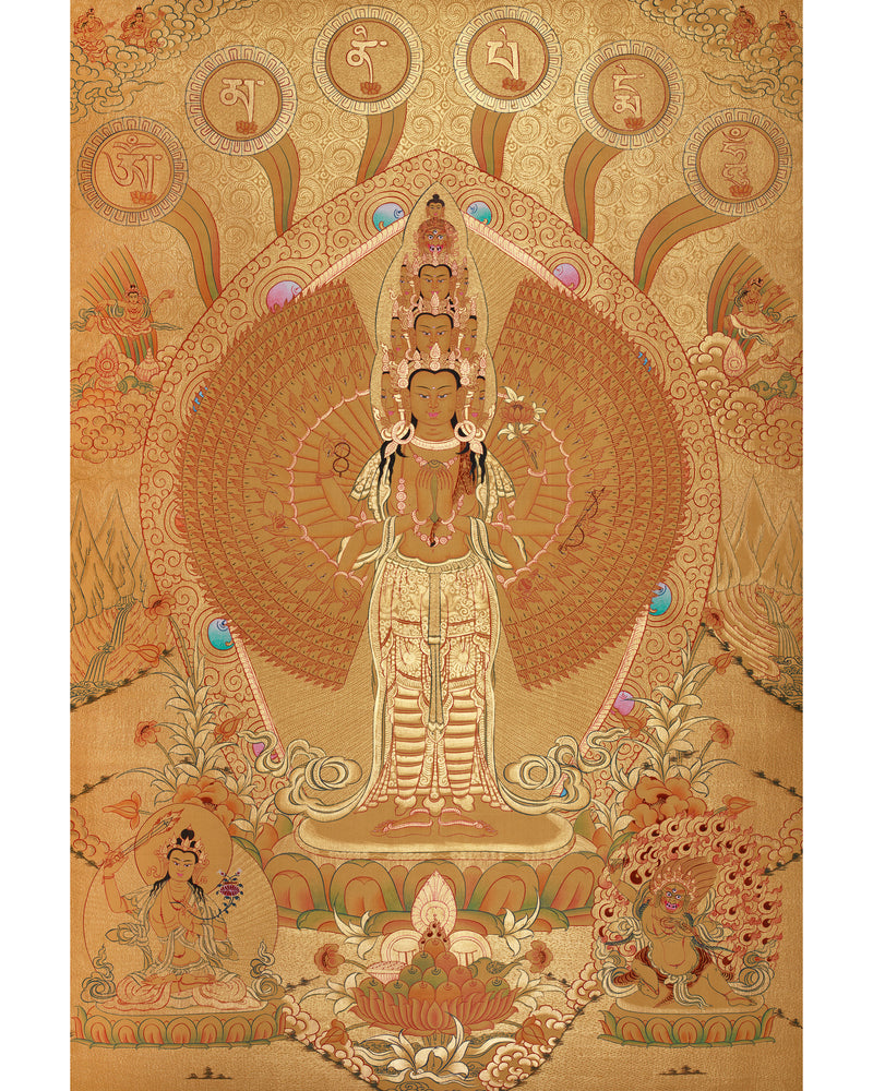 Avalokiteshvara in Gold with Mantra and Deities | Sacred Compassion Art