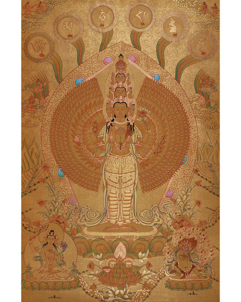 Avalokiteshvara in Gold with Mantra and Deities | Sacred Compassion Art