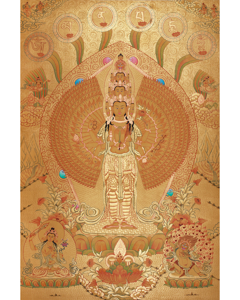 Avalokiteshvara in Gold with Mantra and Deities | Sacred Compassion Art