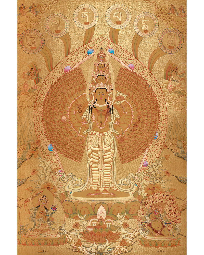 Avalokiteshvara in Gold with Mantra and Deities | Sacred Compassion Art