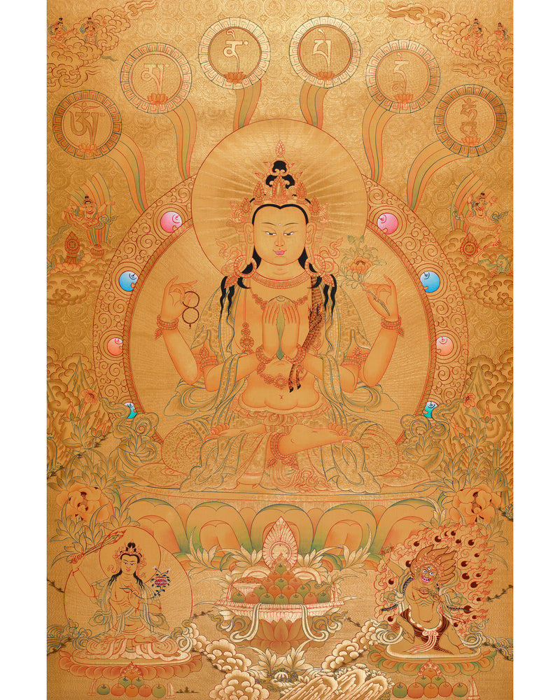 The Divine Grace of Four-Armed Chenrezig | Gold with Compassion Mantra and Deities