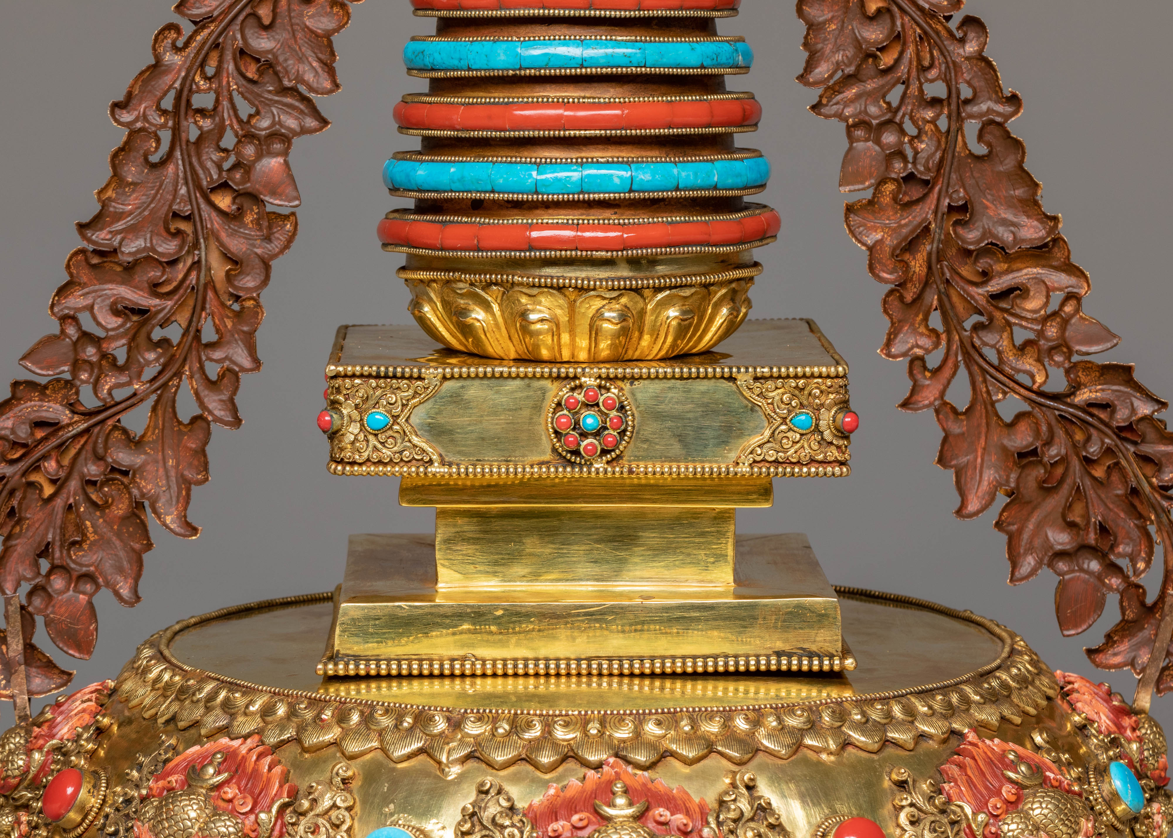 Buddhist Handcrafted Sacred Stupa | Gold-Plated Copper with Coral & Turquoise