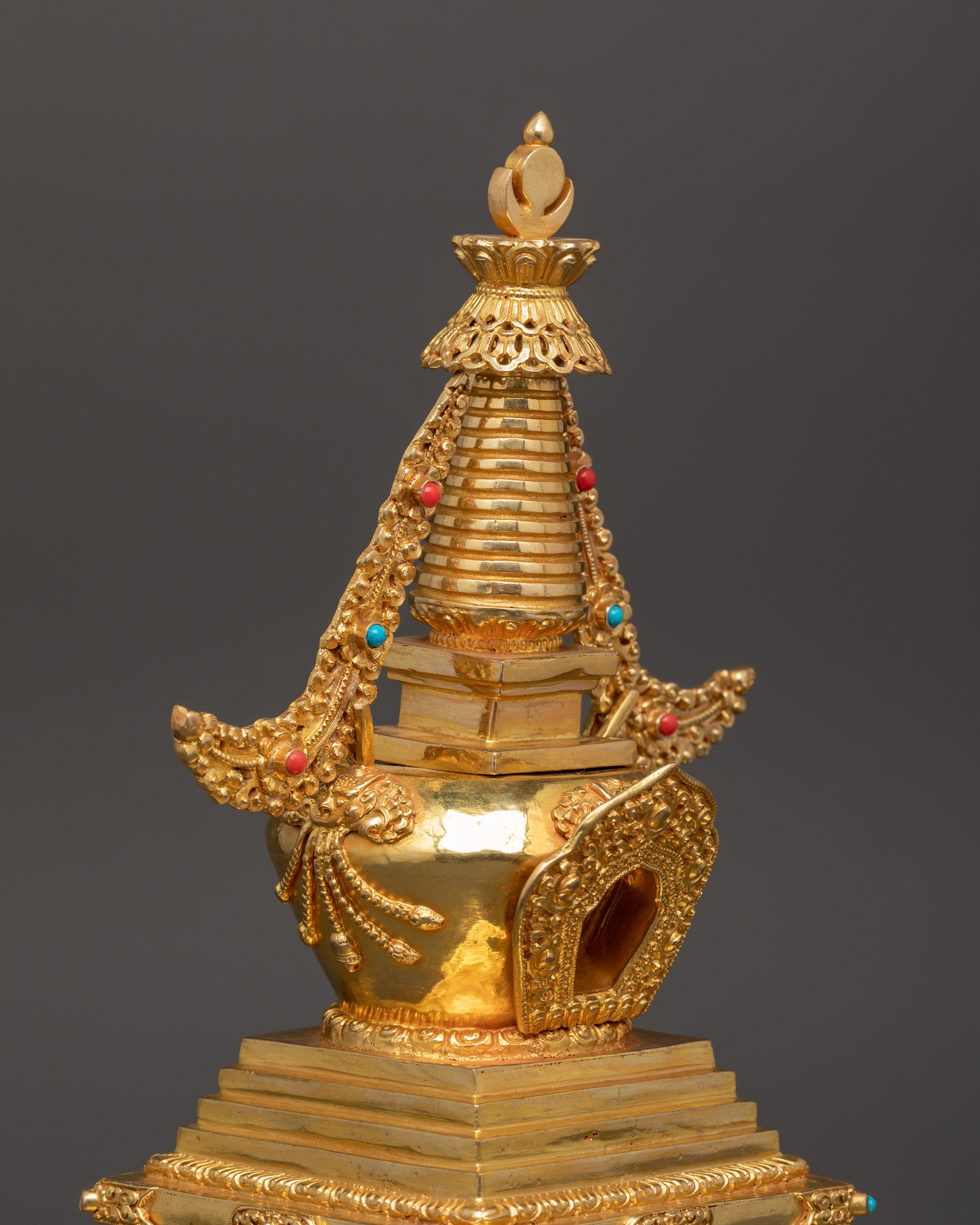Traditional Tibetan Stupa Art | Copper Gold Plated Stupa Sculpture