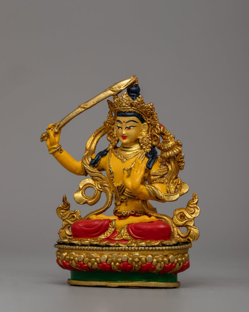 Gold-Plated Manjushri Sculpture |  Wisdom and Enlightenment Buddhist Sculpture