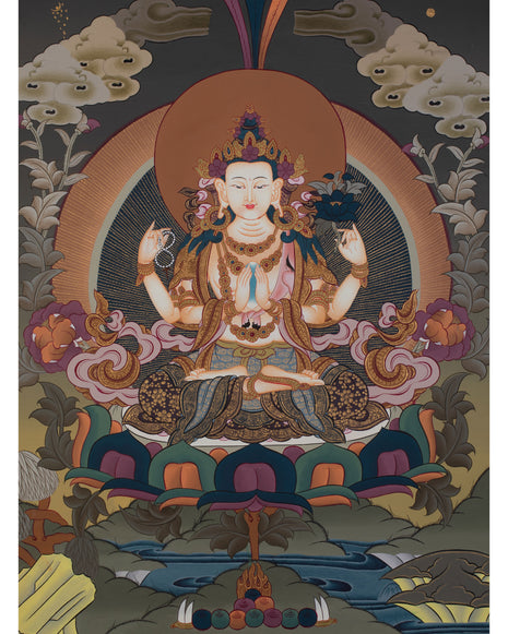 Four Armed Compassionate Chenrezig Thangka | Hand-Painted Compassion Deity Art