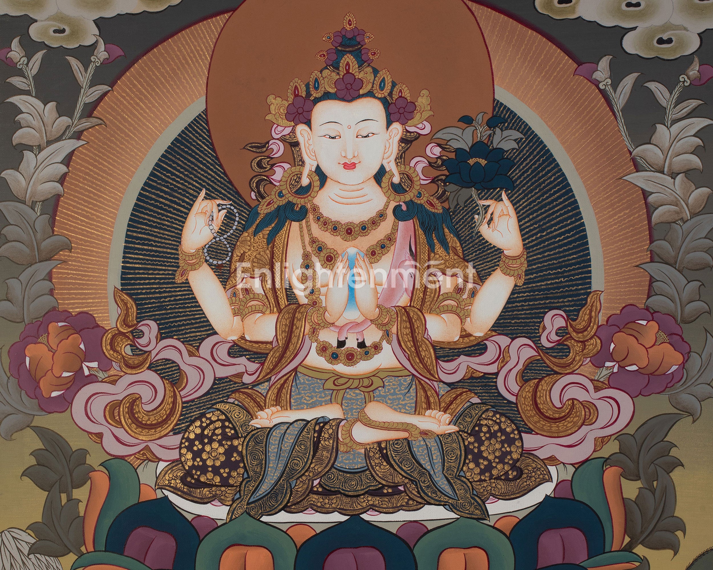 Four-Armed Compassionate Chenrezig Thangka | Hand-Painted Compassion Deity Art