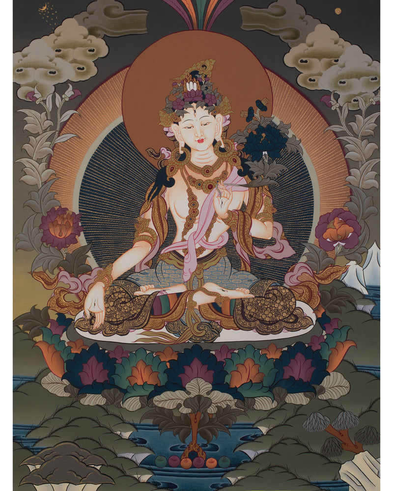 Original Hand-Painted White Tara Thangka Religious Art | Goddess of Healing