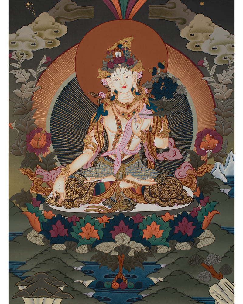 Original Hand-Painted White Tara Thangka Religious Art | Goddess of Healing