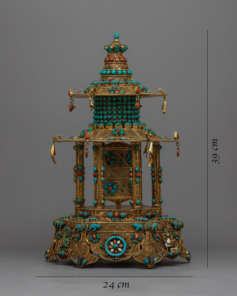 Meditative Turquoise & Coral Prayer Wheel |  Artifact for Spiritual Practice and Mindfulnes