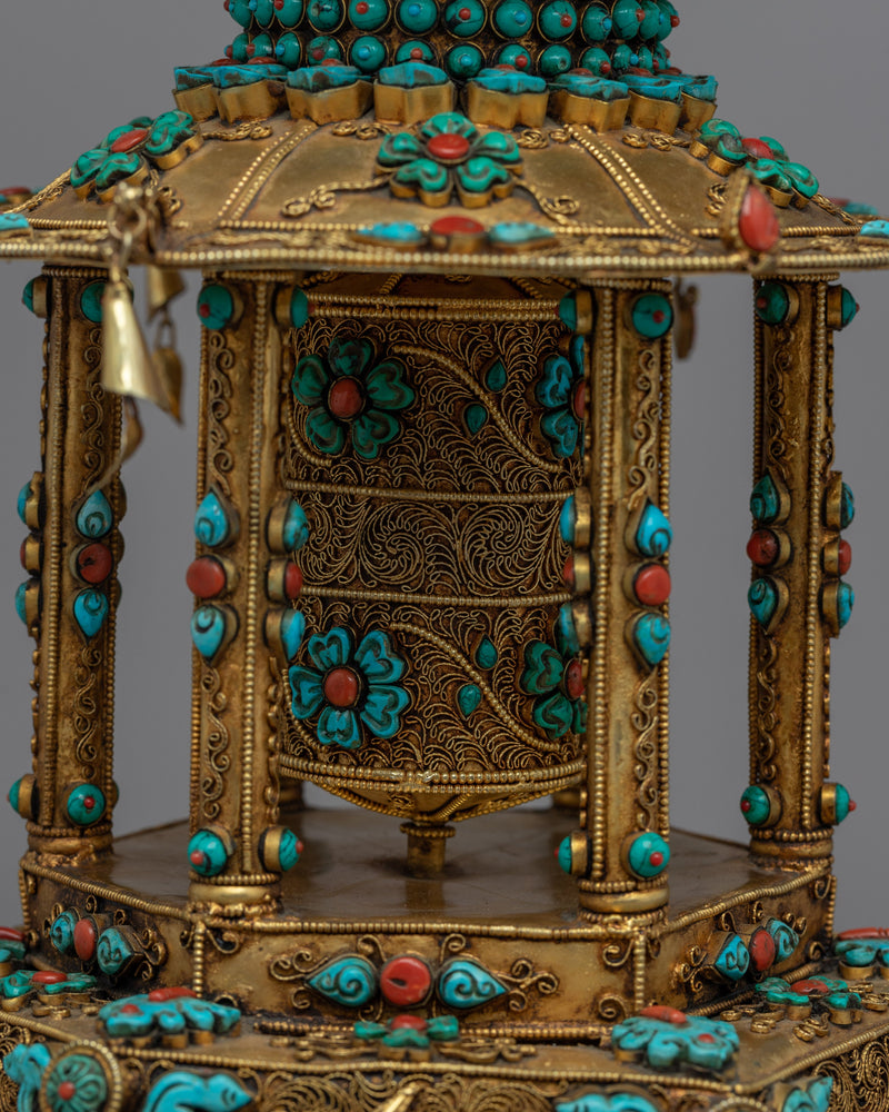 Meditative Turquoise & Coral Prayer Wheel |  Artifact for Spiritual Practice and Mindfulnes