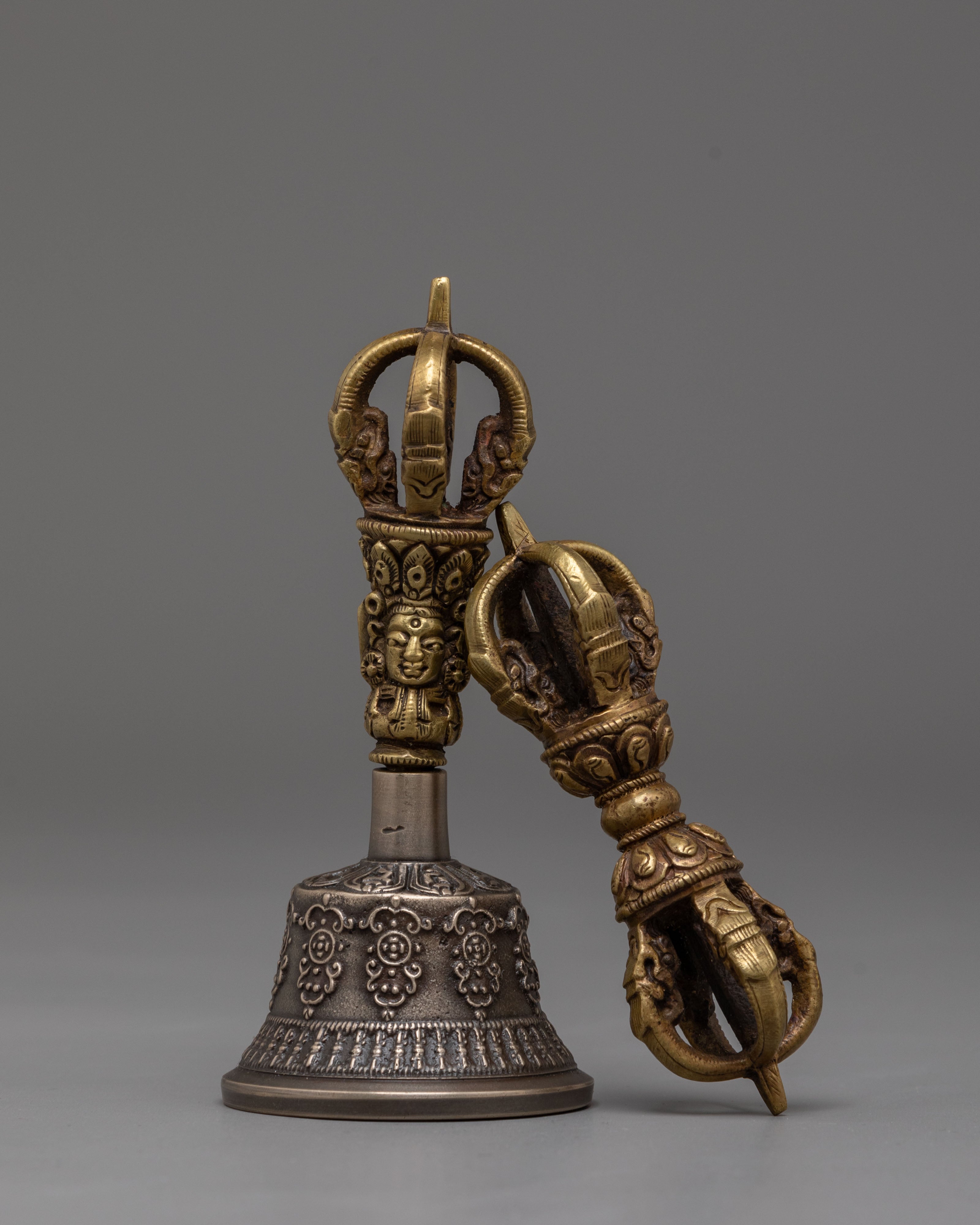 Handcrafted Vajra and Bell Set | Spiritual Brass and Bronze Deity Symbolism