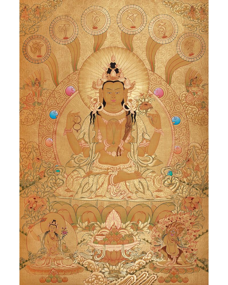 The Divine Grace of Four-Armed Chenrezig | Gold with Compassion Mantra and Deities