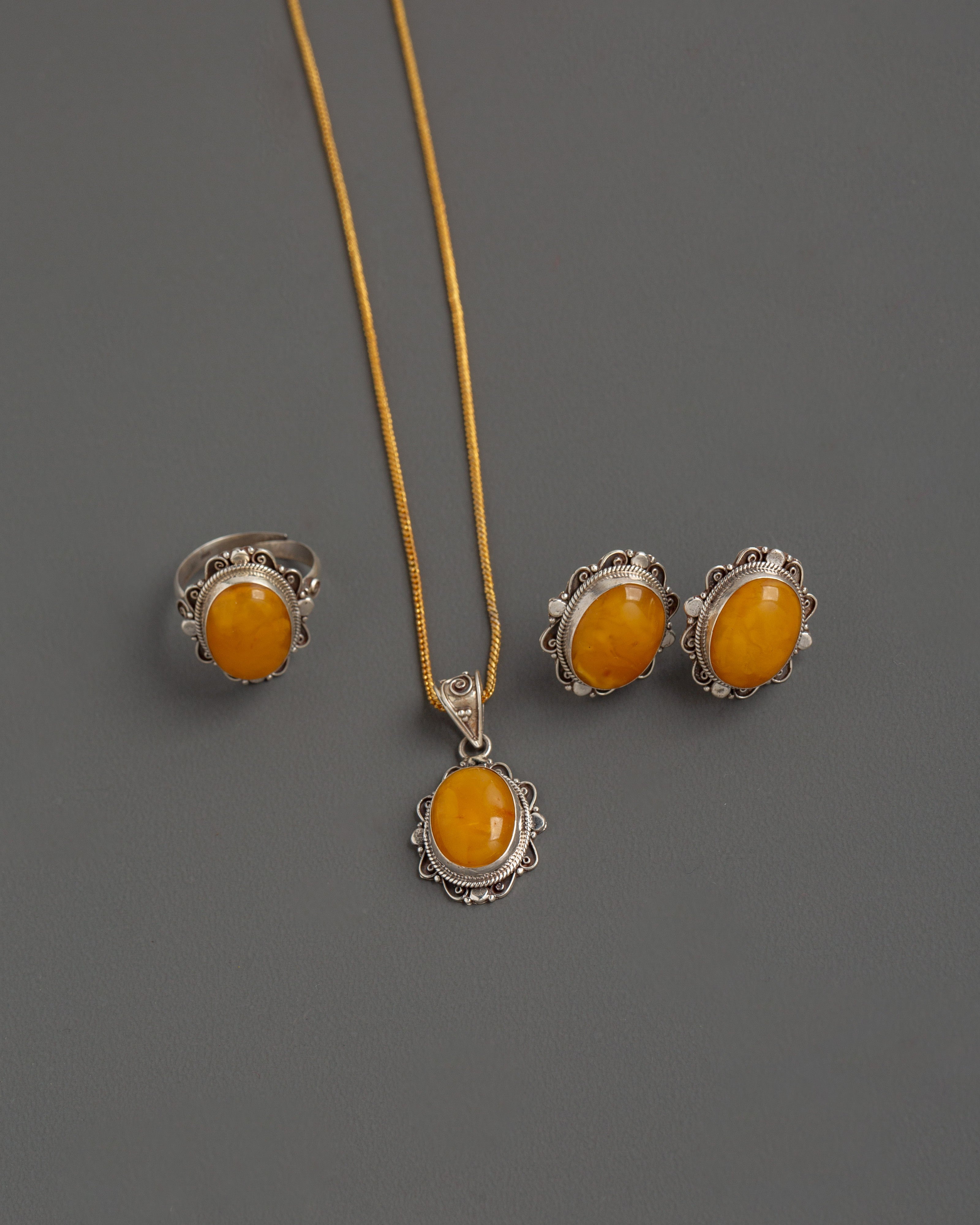 Tibetan Silver Jewelry Set | Handcrafted Stone Earring, Locket & Ring