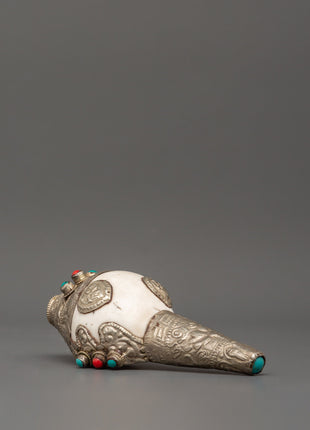 Conch Symbol of Sound and Spirituality | Silver Plated with Turquoise & Coral Inlays