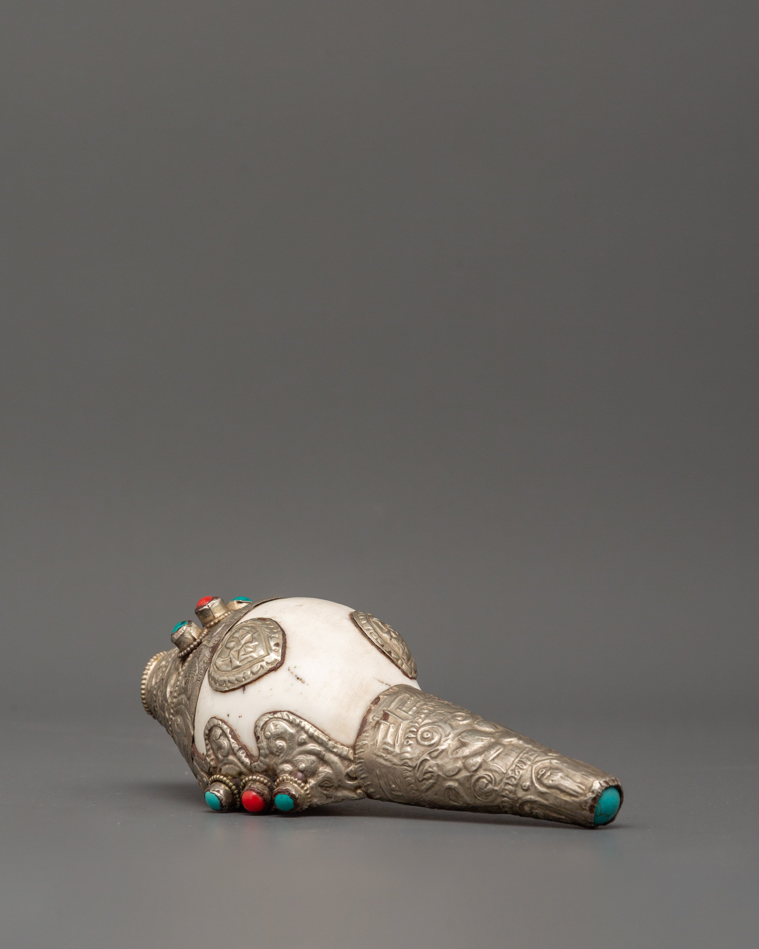 Conch Symbol of Sound and Spirituality | Silver Plated with Turquoise & Coral Inlays