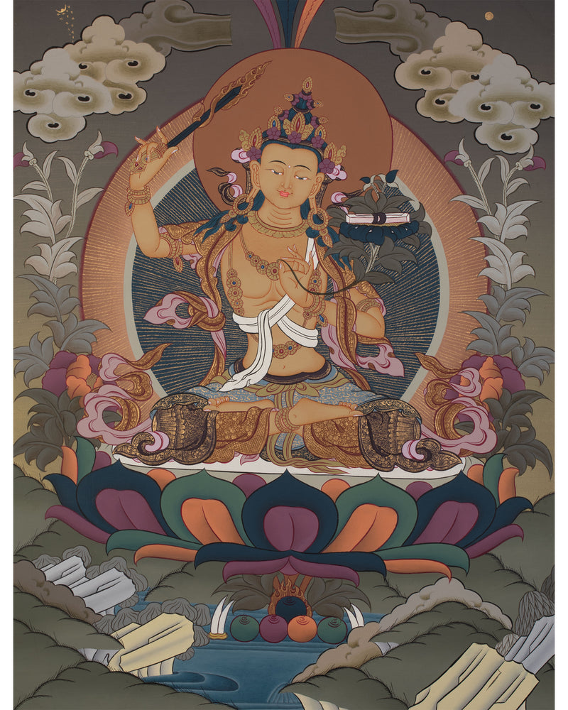 Manjushri Thanka | Tibetan Bodhisattva with Flaming Sword of Wisdom