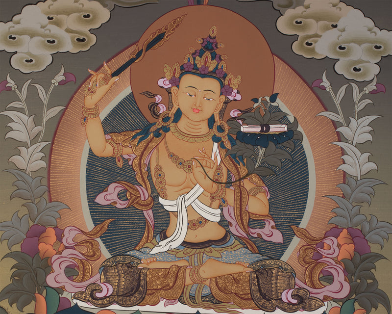 Manjushri Thanka | Tibetan Bodhisattva with Flaming Sword of Wisdom