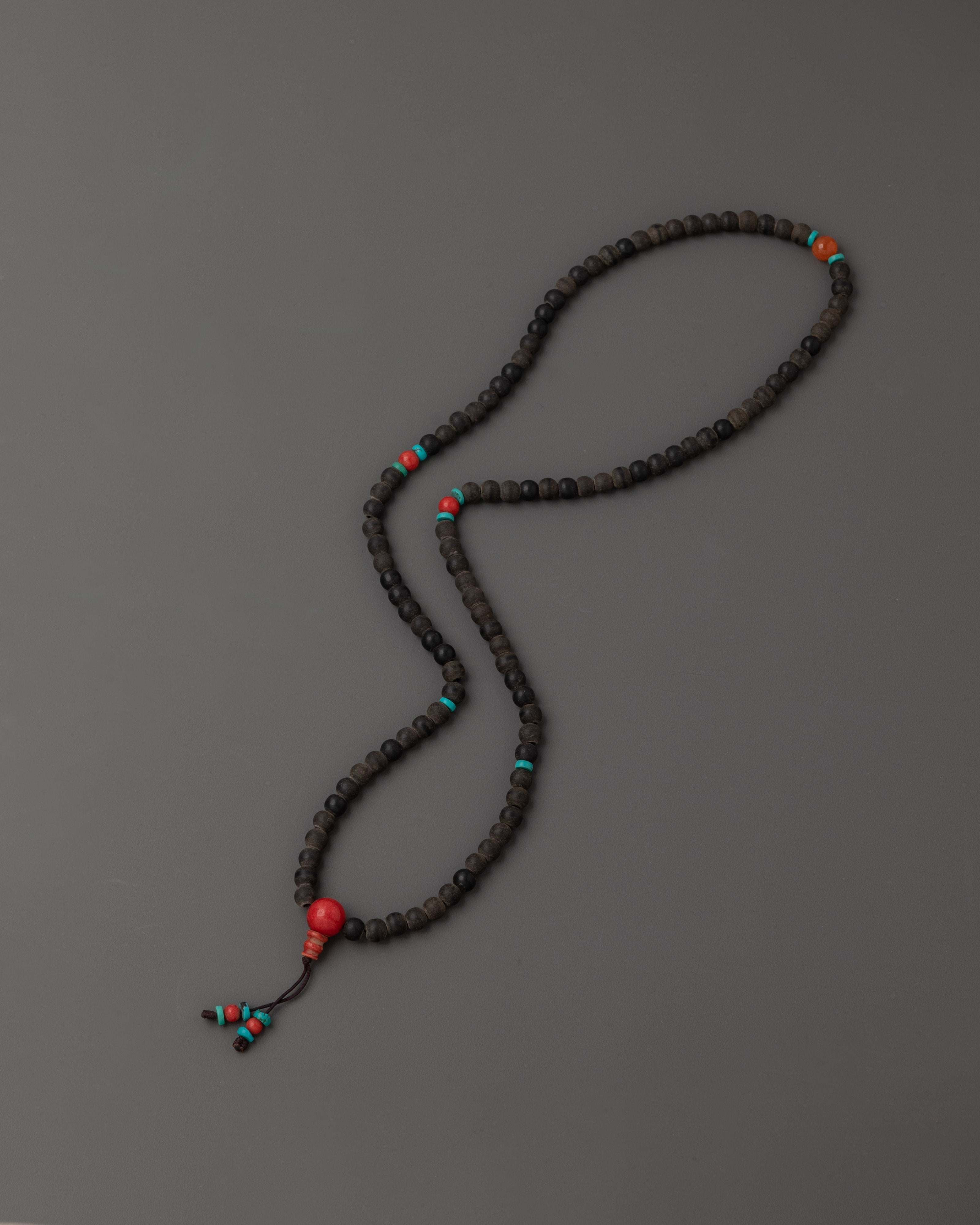 108 Bead Japa Mala Necklace with Black Stone Beads | Turquoise and Coral Accents