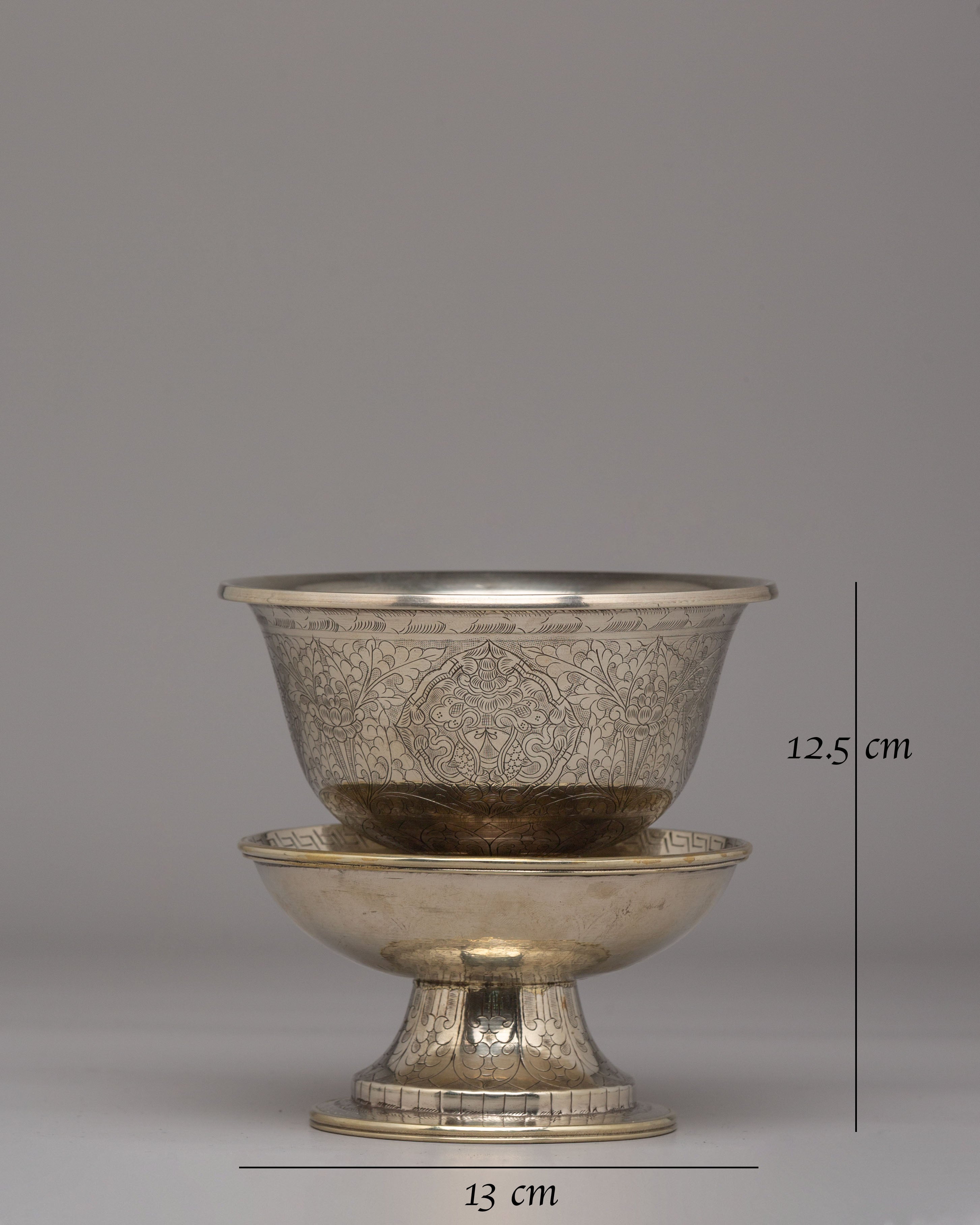 Tibetan Ritual Tea Cup Set | White Metal Ritual Cups for Altar Decor