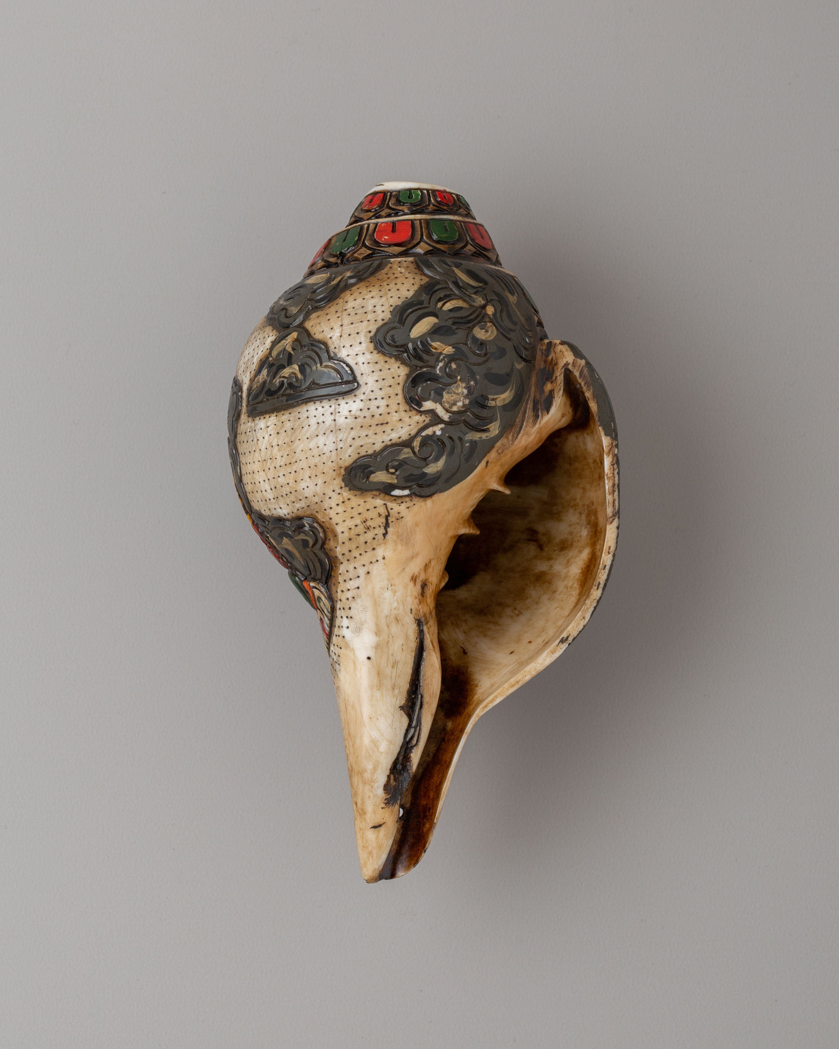Dzambhala Carved Ritual Conch | Tibetan Buddhist Altar Decor