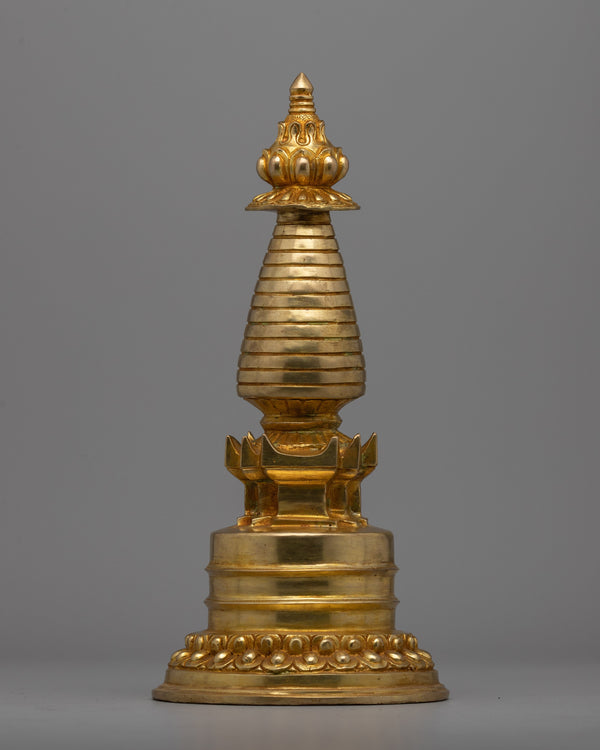 Intricate Gold-Plated Copper Tibetan Stupa