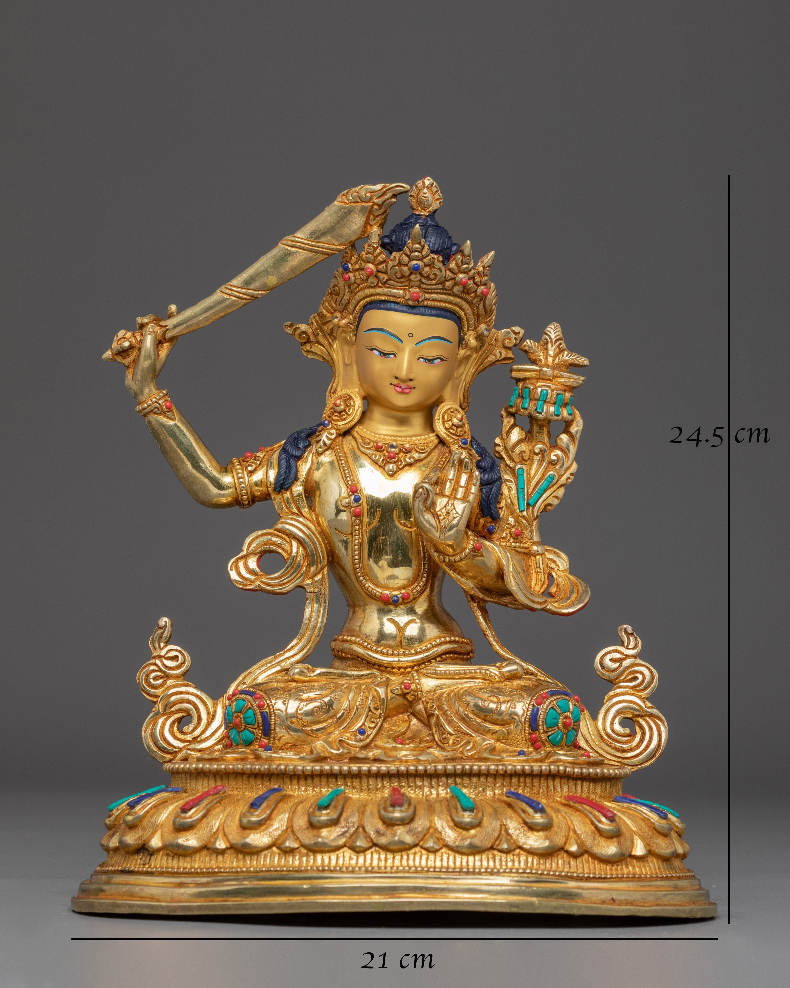 Handmade Manjushri Buddhist Sculpture | Gold Plated Manjushri Statue | Copper & Brass